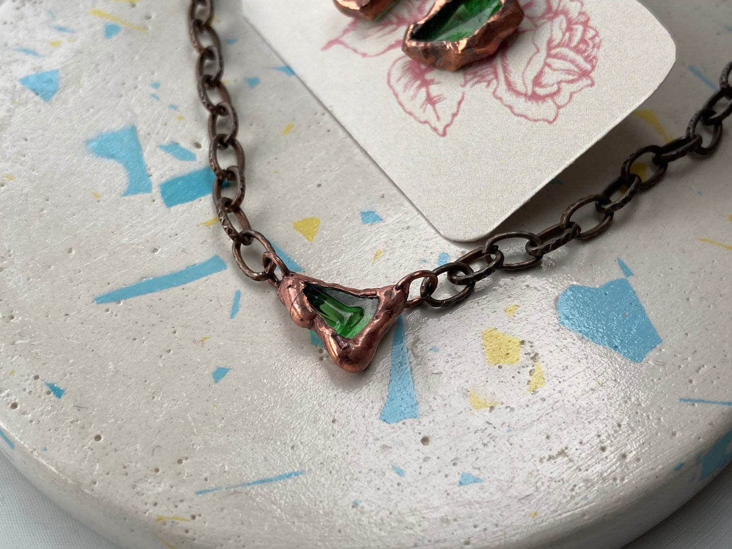 Recycled GLASS necklace, Stained glass, Copper Ethical jewelry