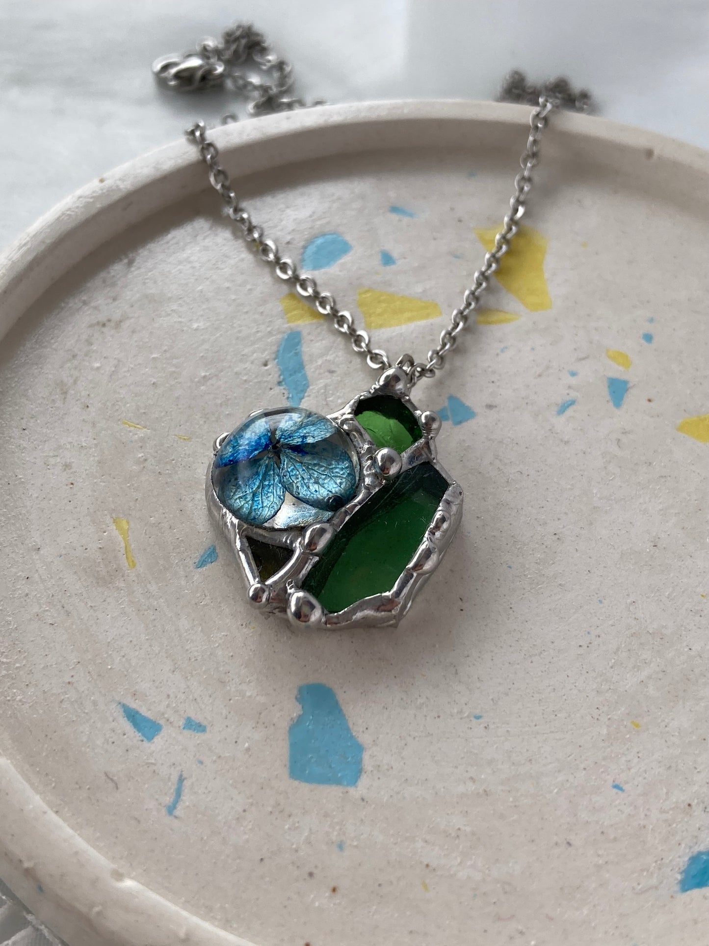 Stained Glass necklace, SOUL pendant with dried flowers, Broken glass pendant, Protecting Soul necklace