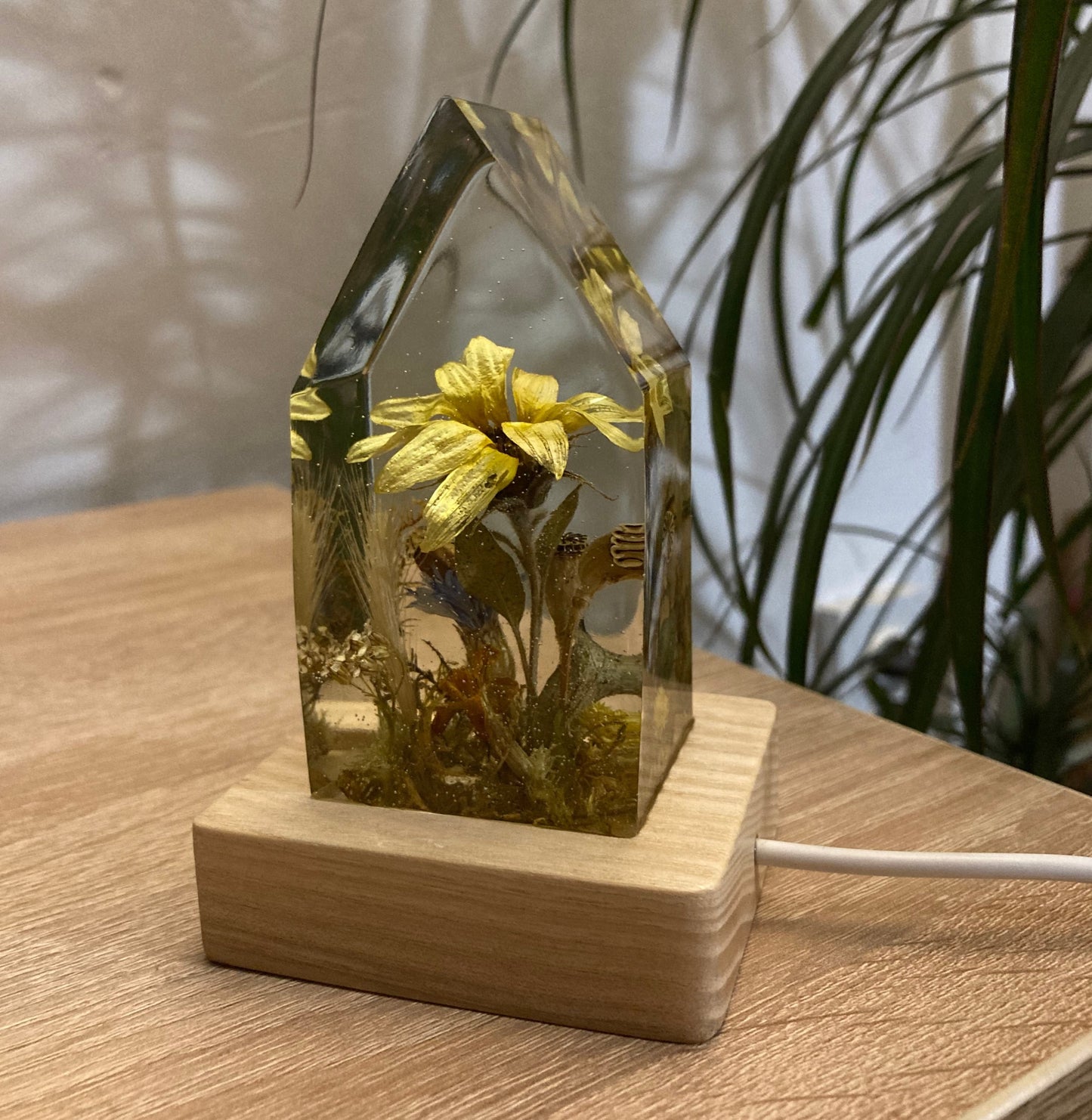 Epoxy Resin "House" Lamp with flowers, Handmade Home Decor Bedside LED Lamp, Unique Resin Lighting for Bedside Table, Nightstand Decorations for Bedroom, Mother's Day Gift