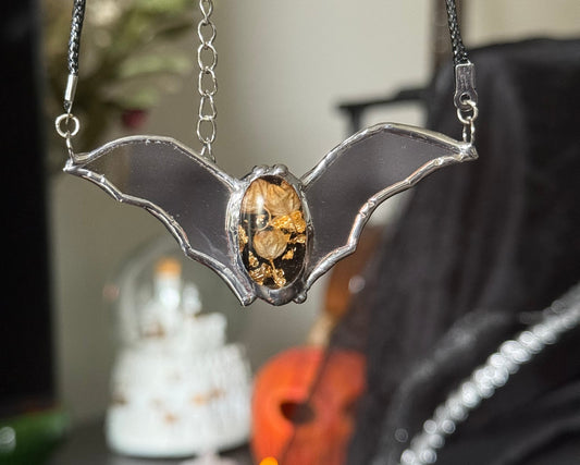 Stained mirror Bat necklace, Halloween jewelry, Flying fox, Gothic necklace, Witcy pendant, Bat pendant
