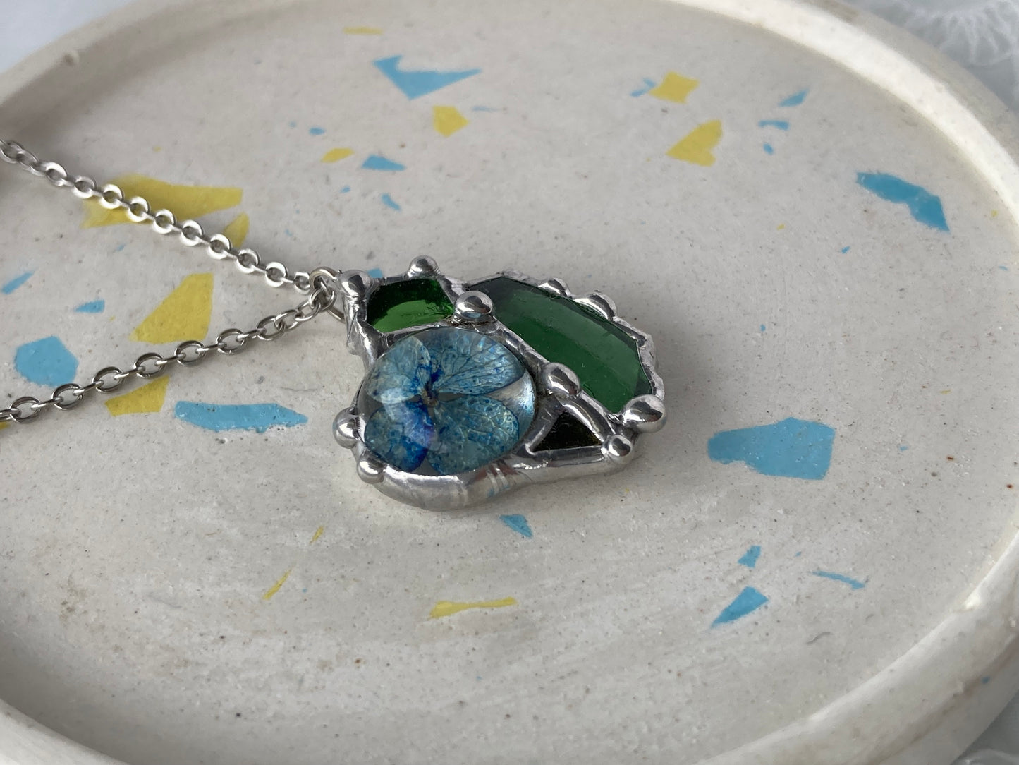 Stained Glass necklace, SOUL pendant with dried flowers, Broken glass pendant, Protecting Soul necklace