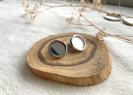 Stained Glass Mirror Stud Earrings: Stainless Steel, Minimalist Jewelry, 10 mm, 20 mm