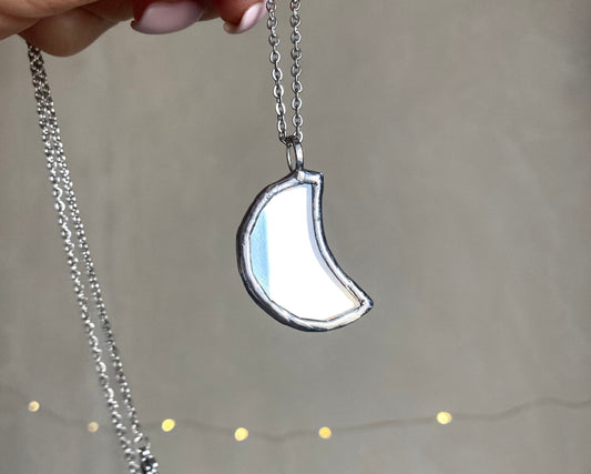 Small Mirror Moon Pendant, Stained glass Necklace, Amulet Glass Jewelry, Protection Moon mirror pendant