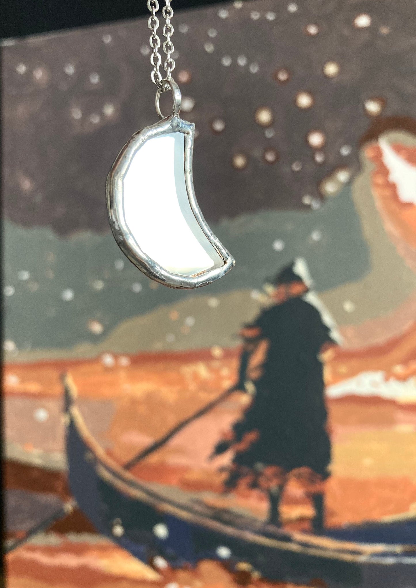 Small Mirror Moon Pendant, Stained glass Necklace, Amulet Glass Jewelry, Protection Moon mirror pendant