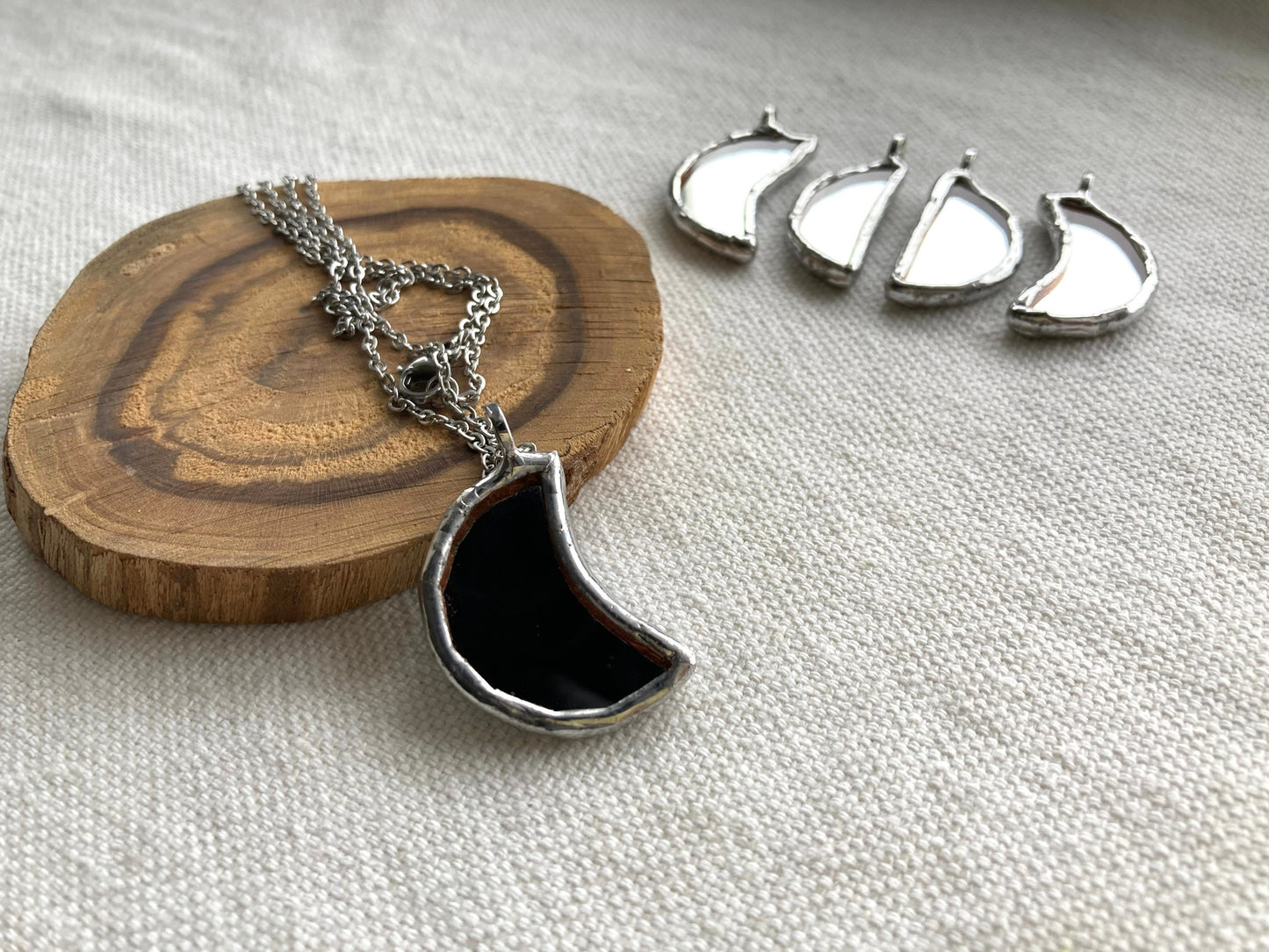 Small Mirror Moon Pendant, Stained glass Necklace, Amulet Glass Jewelry, Protection Moon mirror pendant