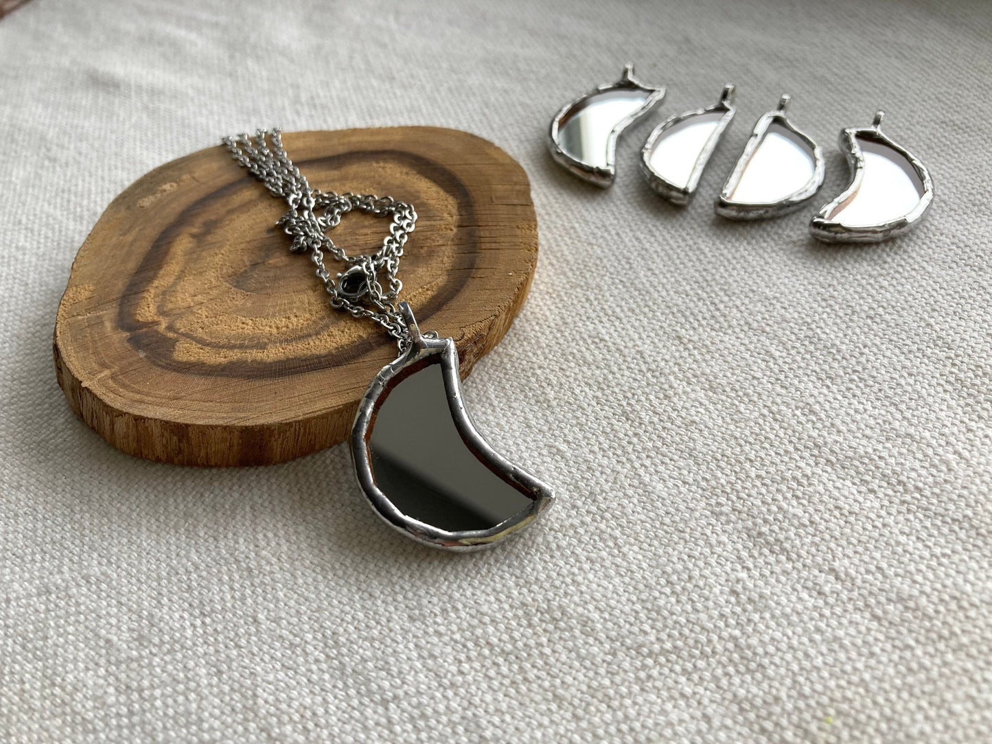 Small Mirror Moon Pendant, Stained glass Necklace, Amulet Glass Jewelry, Protection Moon mirror pendant