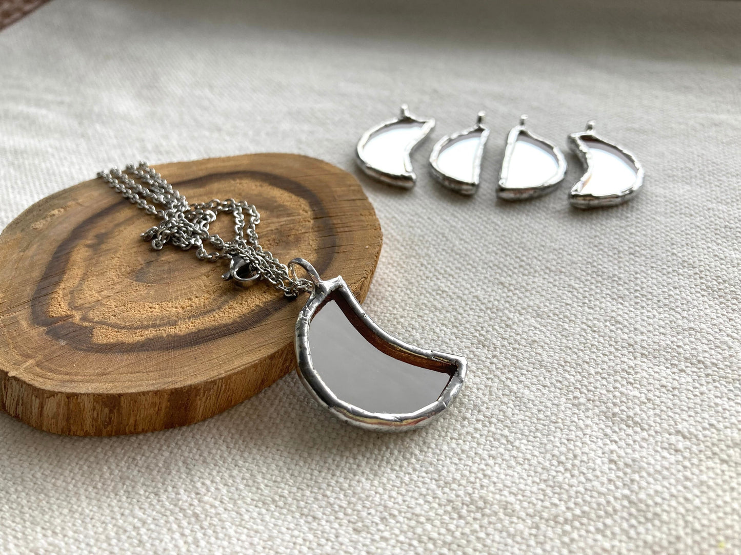Small Mirror Moon Pendant, Stained glass Necklace, Amulet Glass Jewelry, Protection Moon mirror pendant