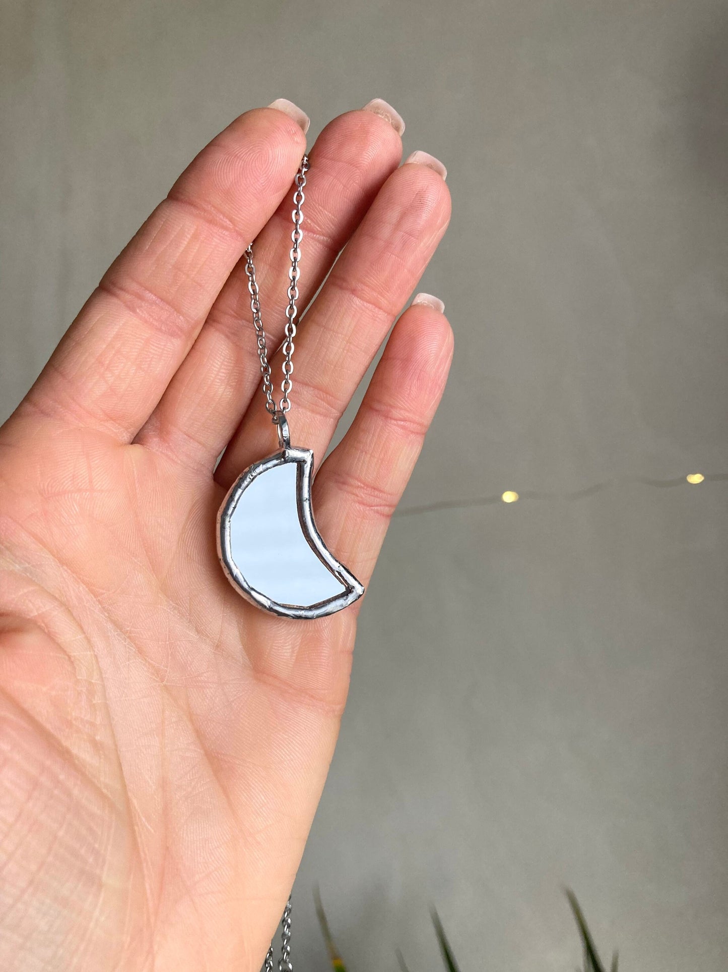 Small Mirror Moon Pendant, Stained glass Necklace, Amulet Glass Jewelry, Protection Moon mirror pendant