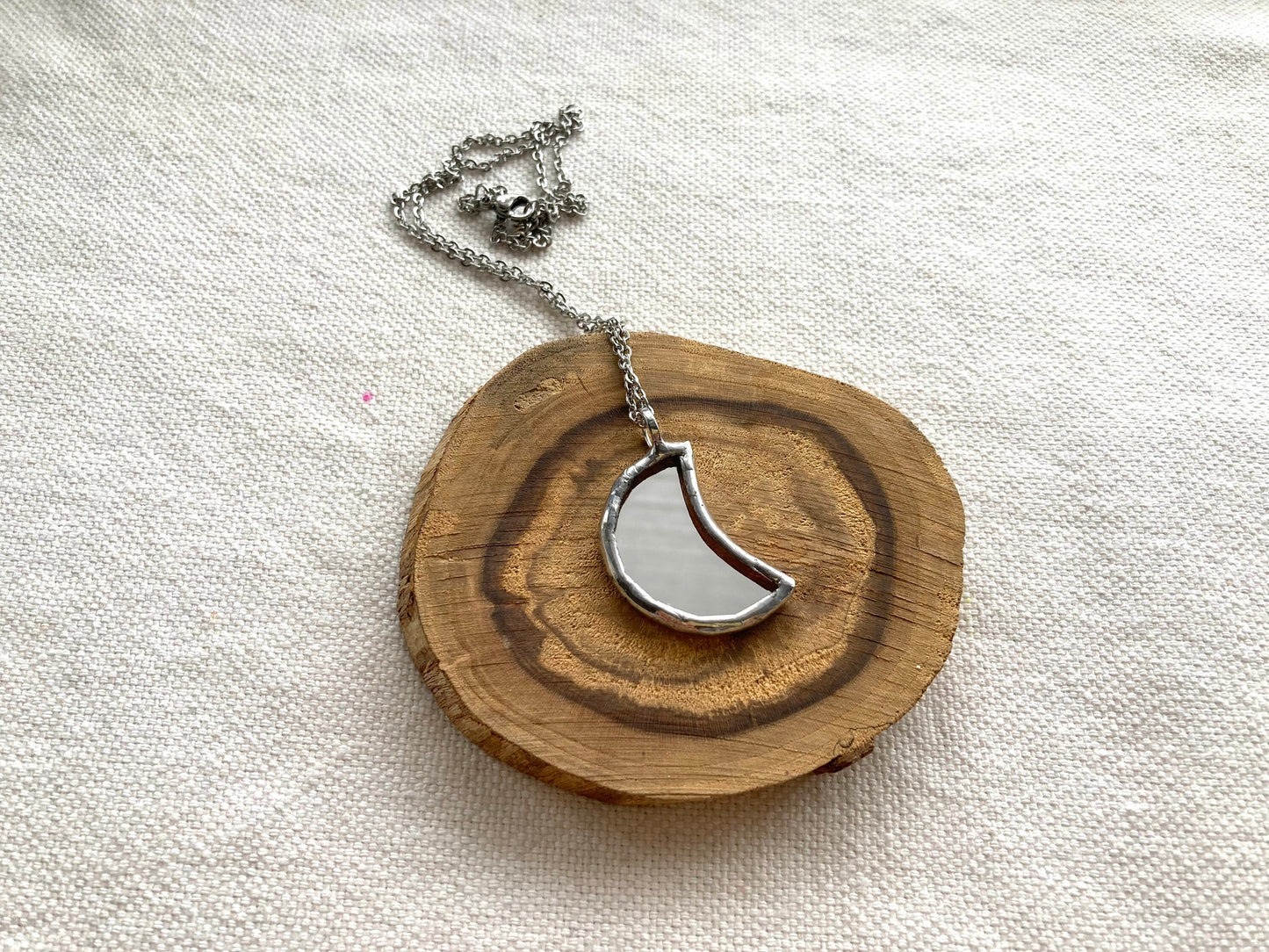 Small Mirror Moon Pendant, Stained glass Necklace, Amulet Glass Jewelry, Protection Moon mirror pendant