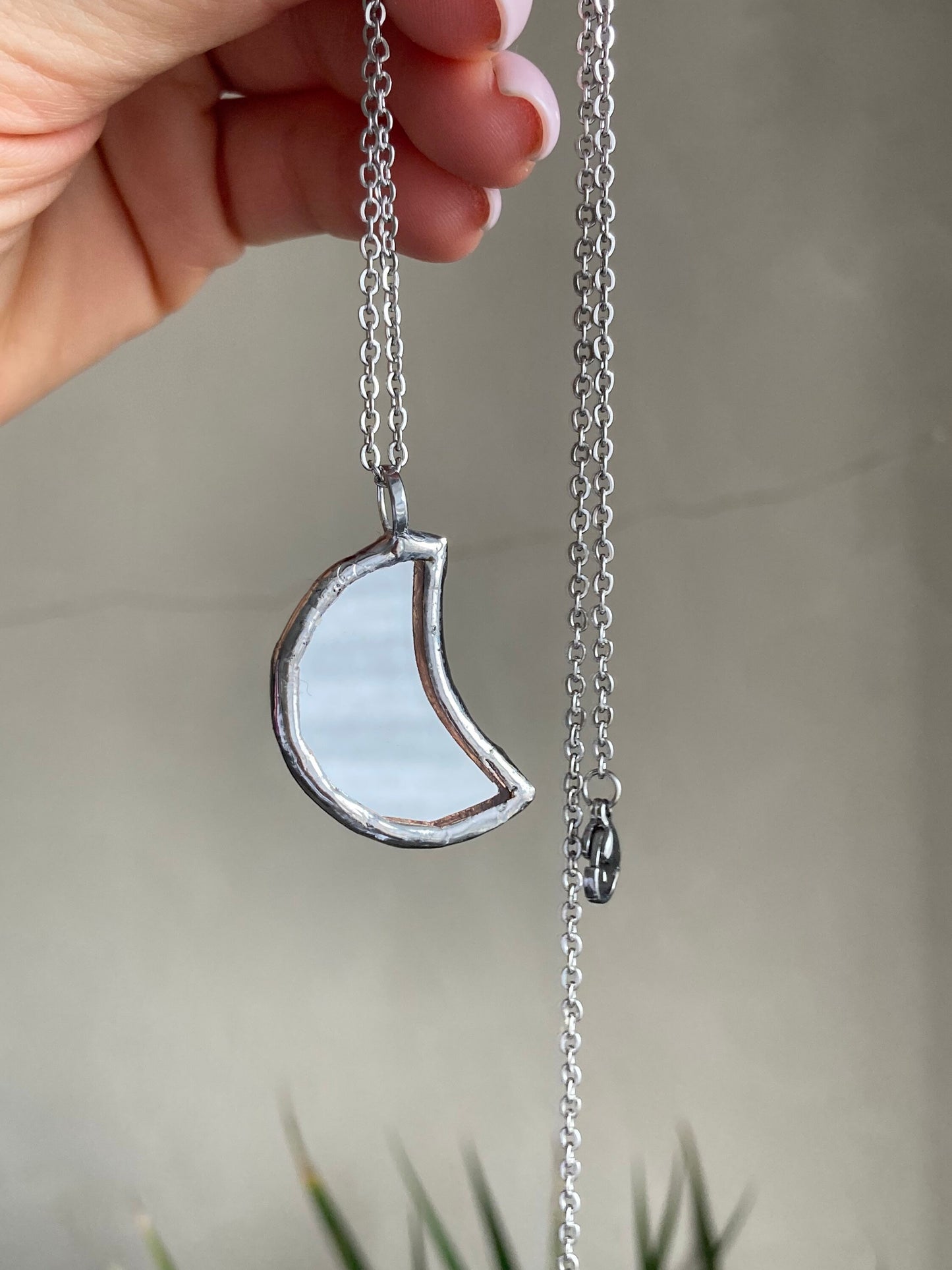 Small Mirror Moon Pendant, Stained glass Necklace, Amulet Glass Jewelry, Protection Moon mirror pendant