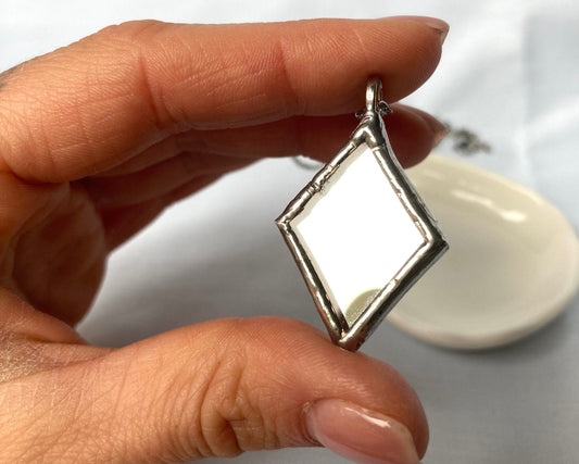 Small Mirror Pendant, Stained glass Necklace, Looking Glass Jewelry, Rhombus mirror pendant