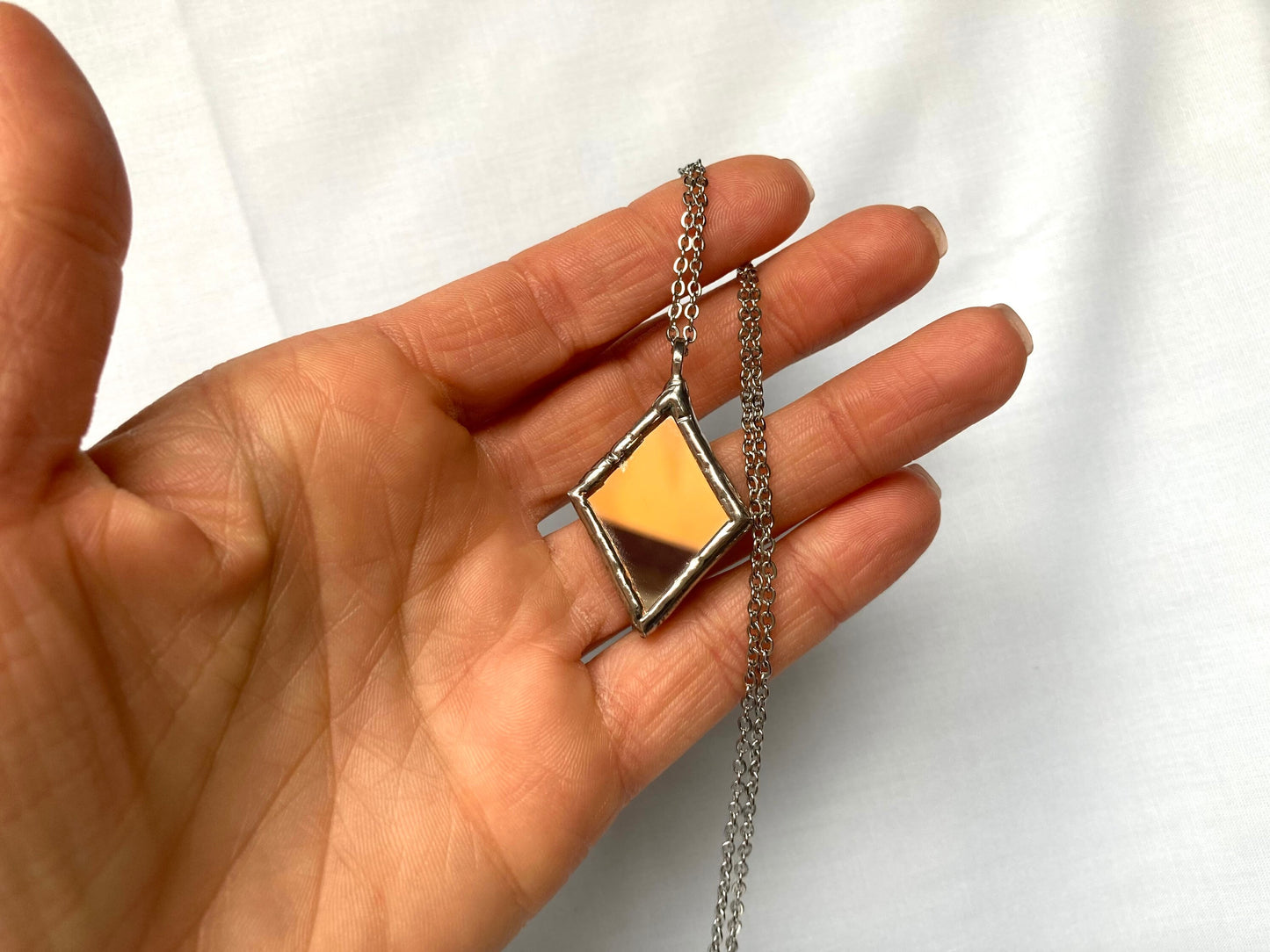 Small Mirror Pendant, Stained glass Necklace, Looking Glass Jewelry, Rhombus mirror pendant