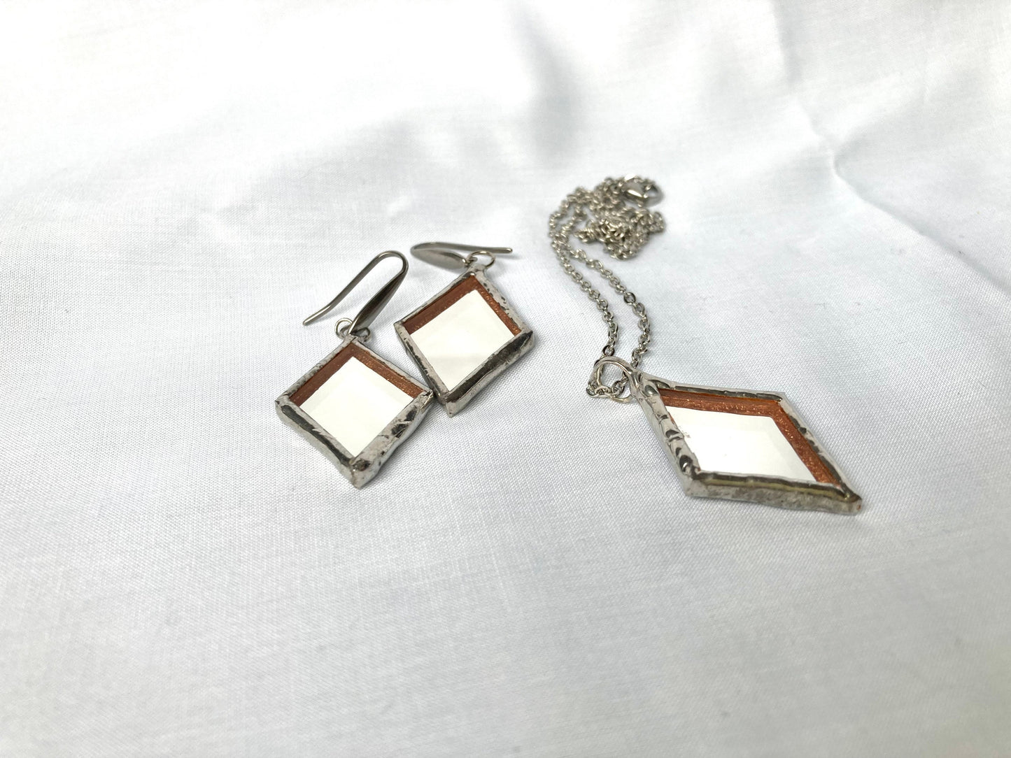 Small Mirror Pendant, Stained glass Necklace, Looking Glass Jewelry, Rhombus mirror pendant