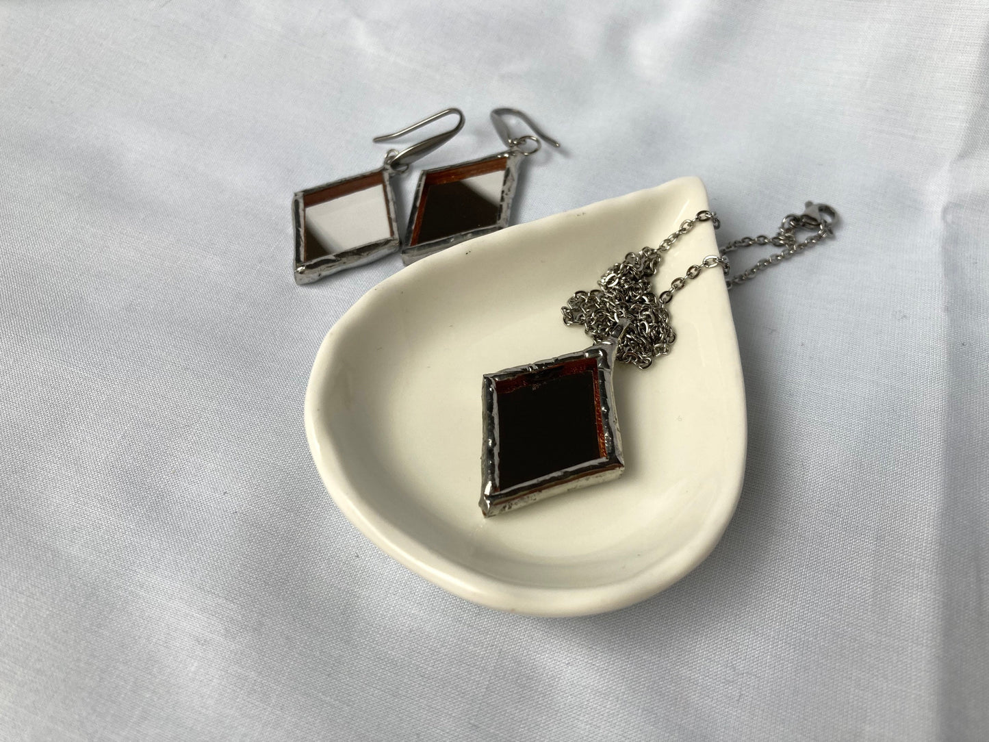 Small Mirror Pendant, Stained glass Necklace, Looking Glass Jewelry, Rhombus mirror pendant
