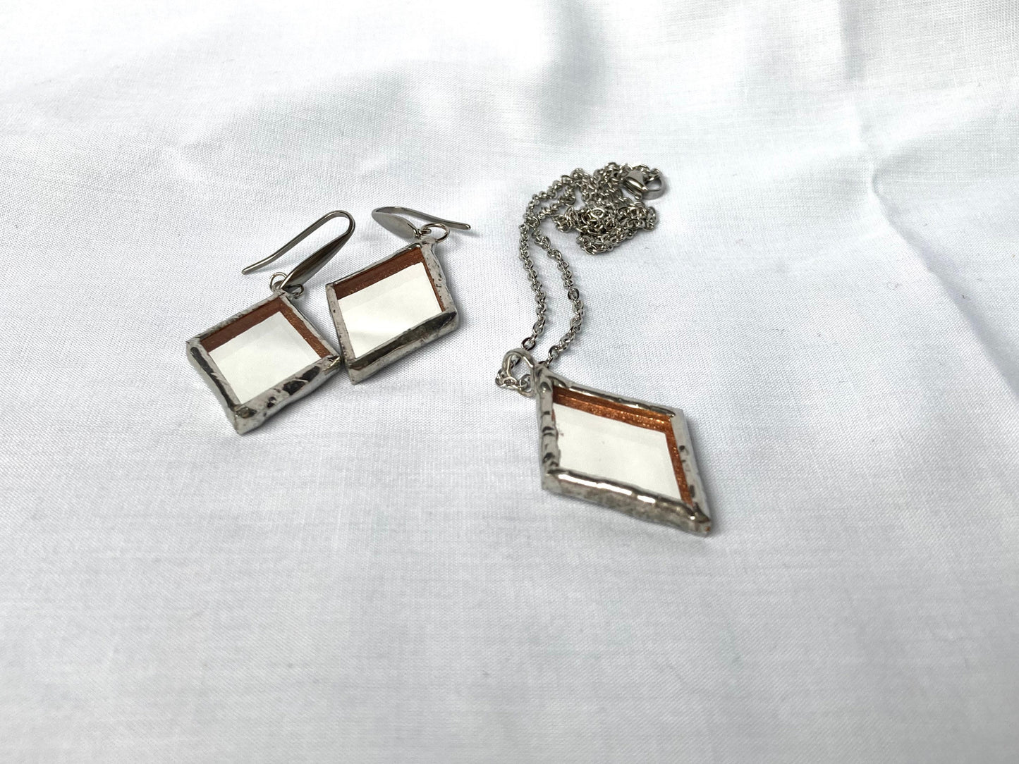 Small Mirror Pendant, Stained glass Necklace, Looking Glass Jewelry, Rhombus mirror pendant