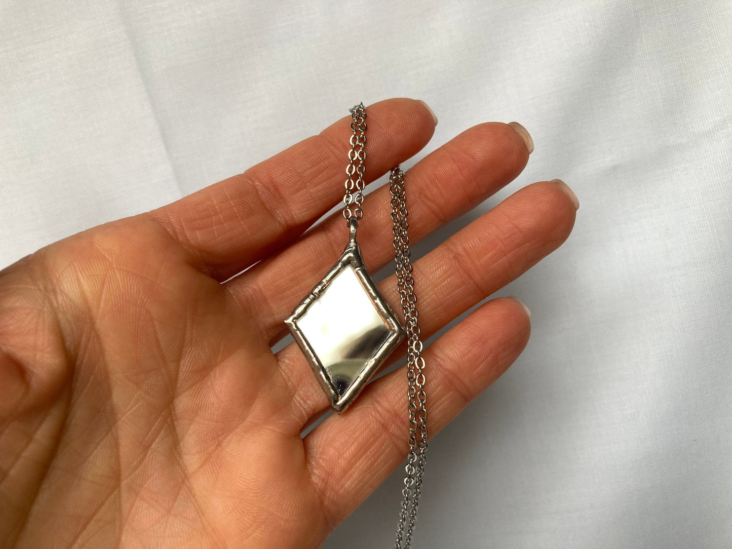 Small Mirror Pendant, Stained glass Necklace, Looking Glass Jewelry, Rhombus mirror pendant
