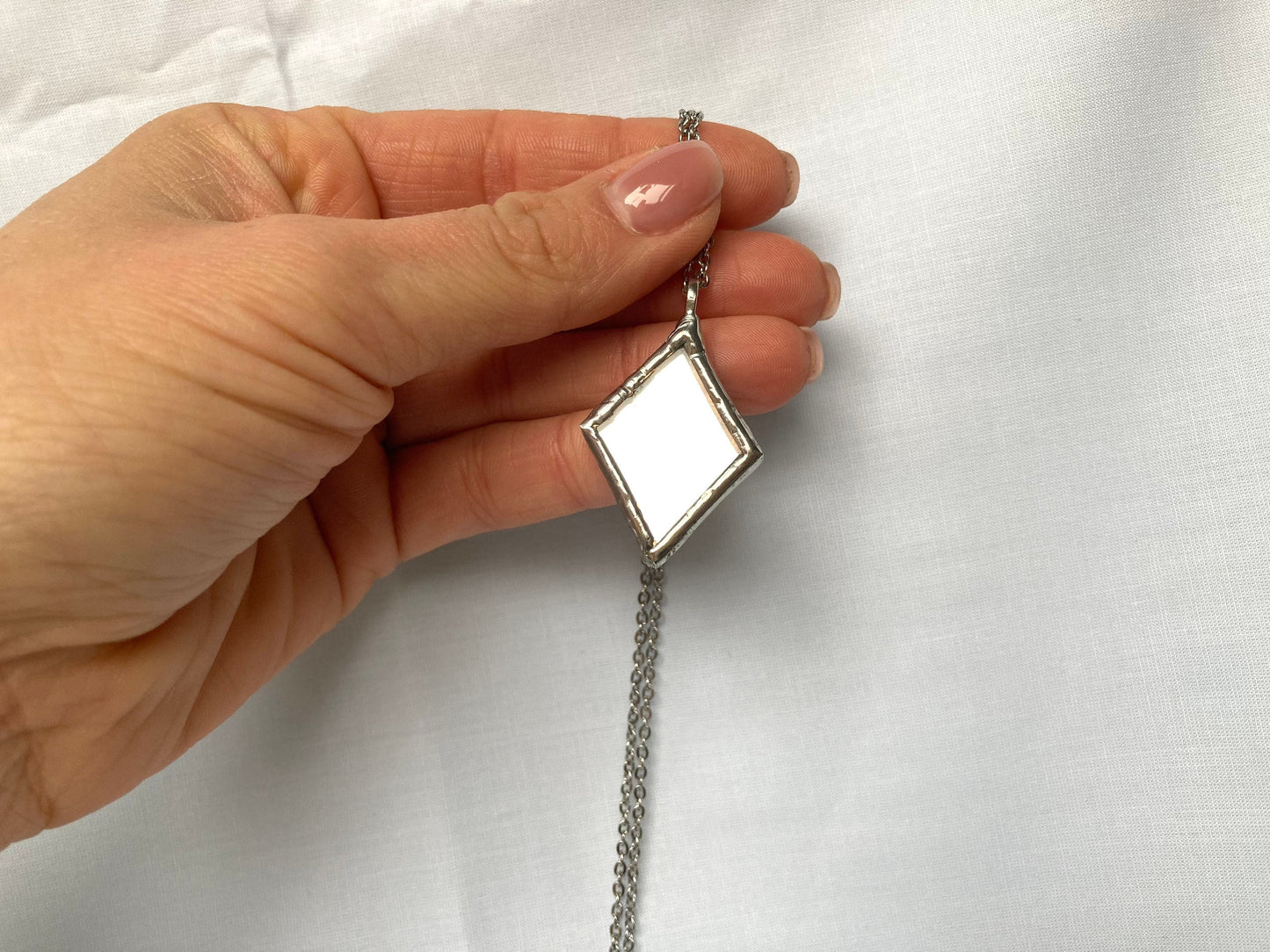 Small Mirror Pendant, Stained glass Necklace, Looking Glass Jewelry, Rhombus mirror pendant
