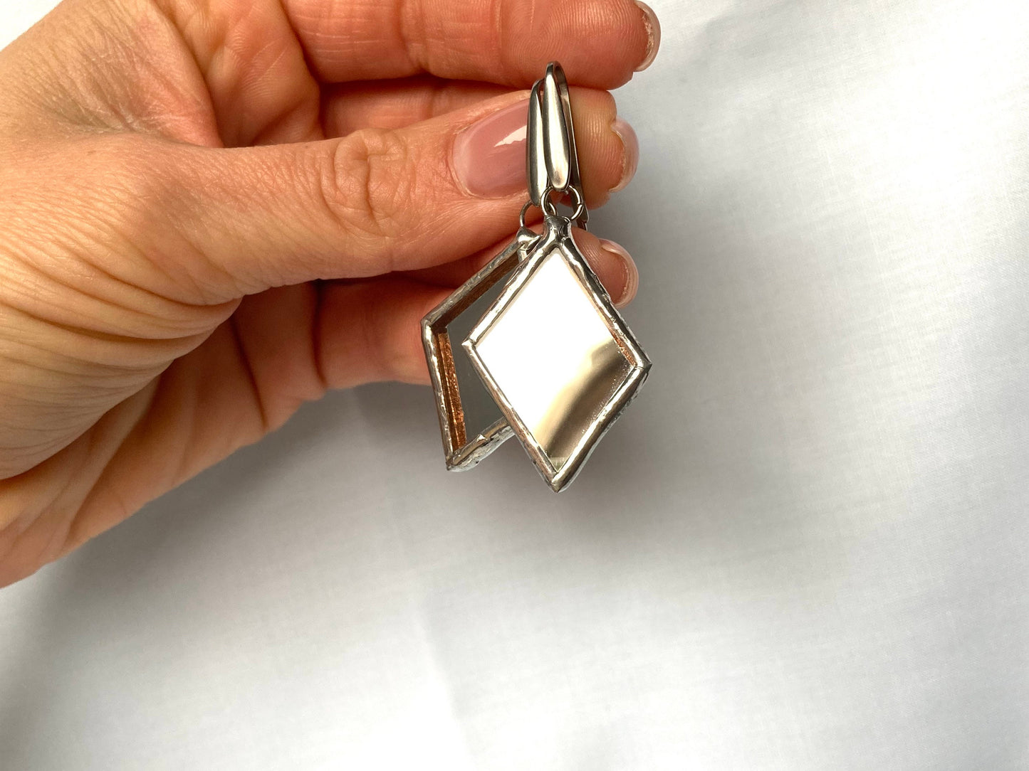 Small Mirror Pendant, Stained glass Necklace, Looking Glass Jewelry, Rhombus mirror pendant