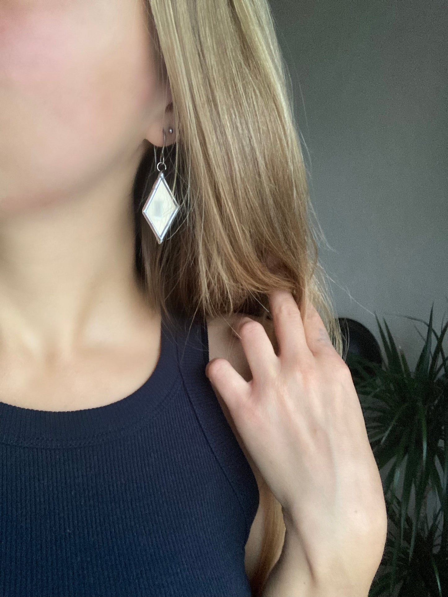 Stained glass earrings, Minimalist earrings, Tiny Rhombus gothic earrings, Mirror statement geometric stained glass design