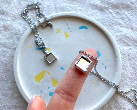 Stained Glass Mirror Necklace: Geometric Square Pendant (10mm)