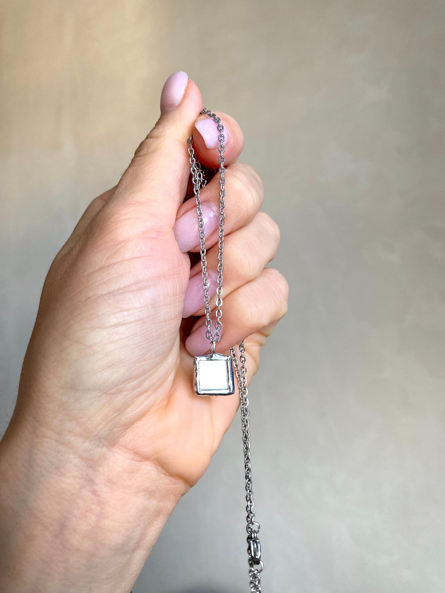 Stained Glass Mirror Necklace: Geometric Square Pendant (10mm)