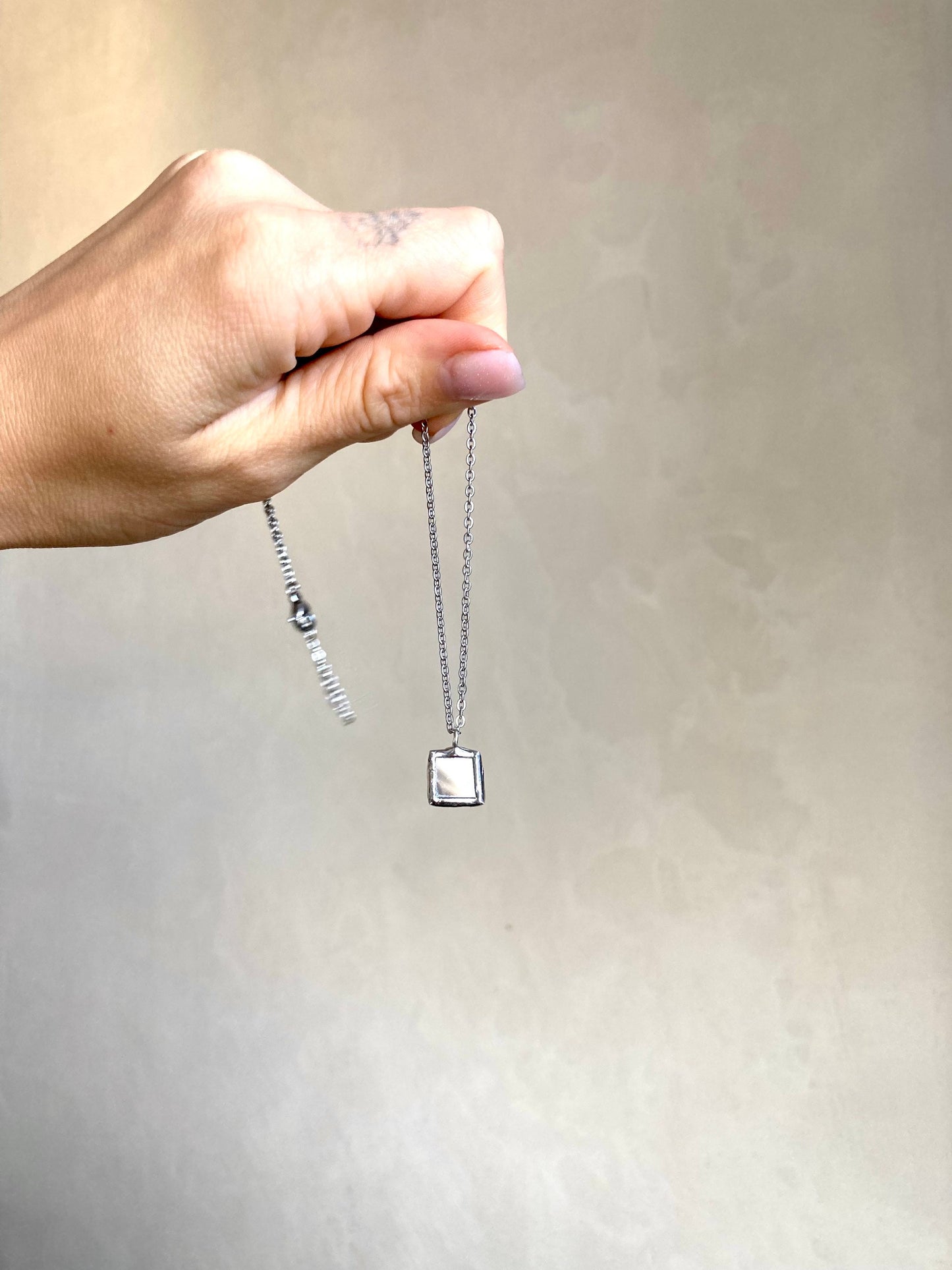 Stained Glass Mirror Necklace: Geometric Square Pendant (10mm)