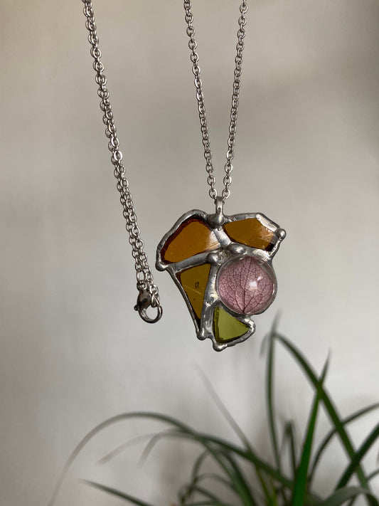 Stained Glass Heart Necklace: Dried Hydrangea Petal Pendant