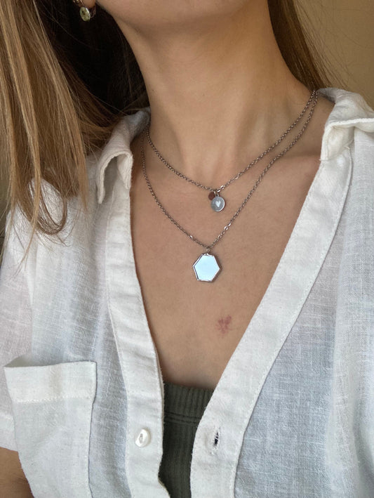 Hexagonal Mirror Pendant: Stained Glass Necklace, Looking Glass Jewelry