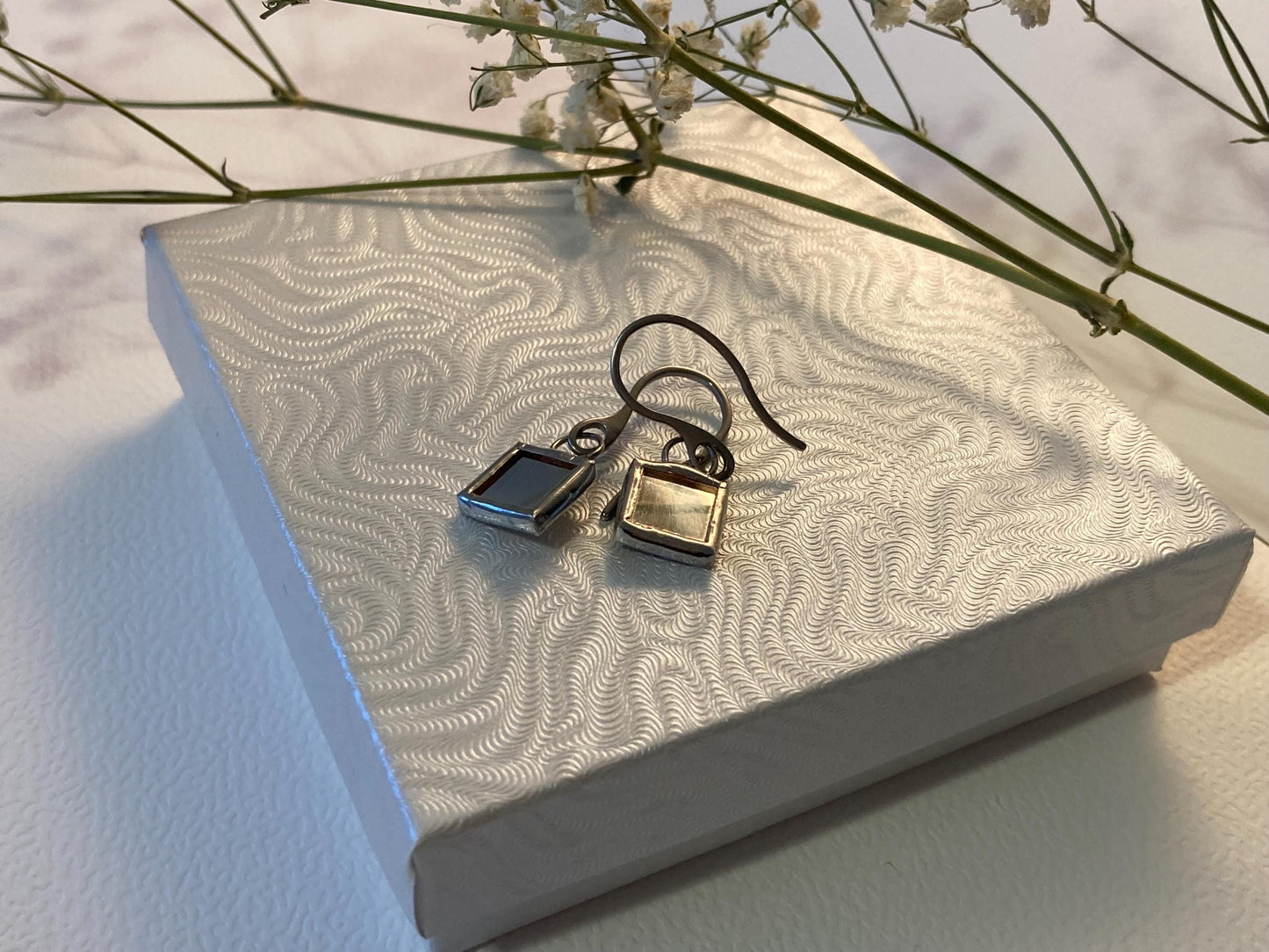 Stained Glass Earrings: Minimalist Square Mirror, Stainless Steel