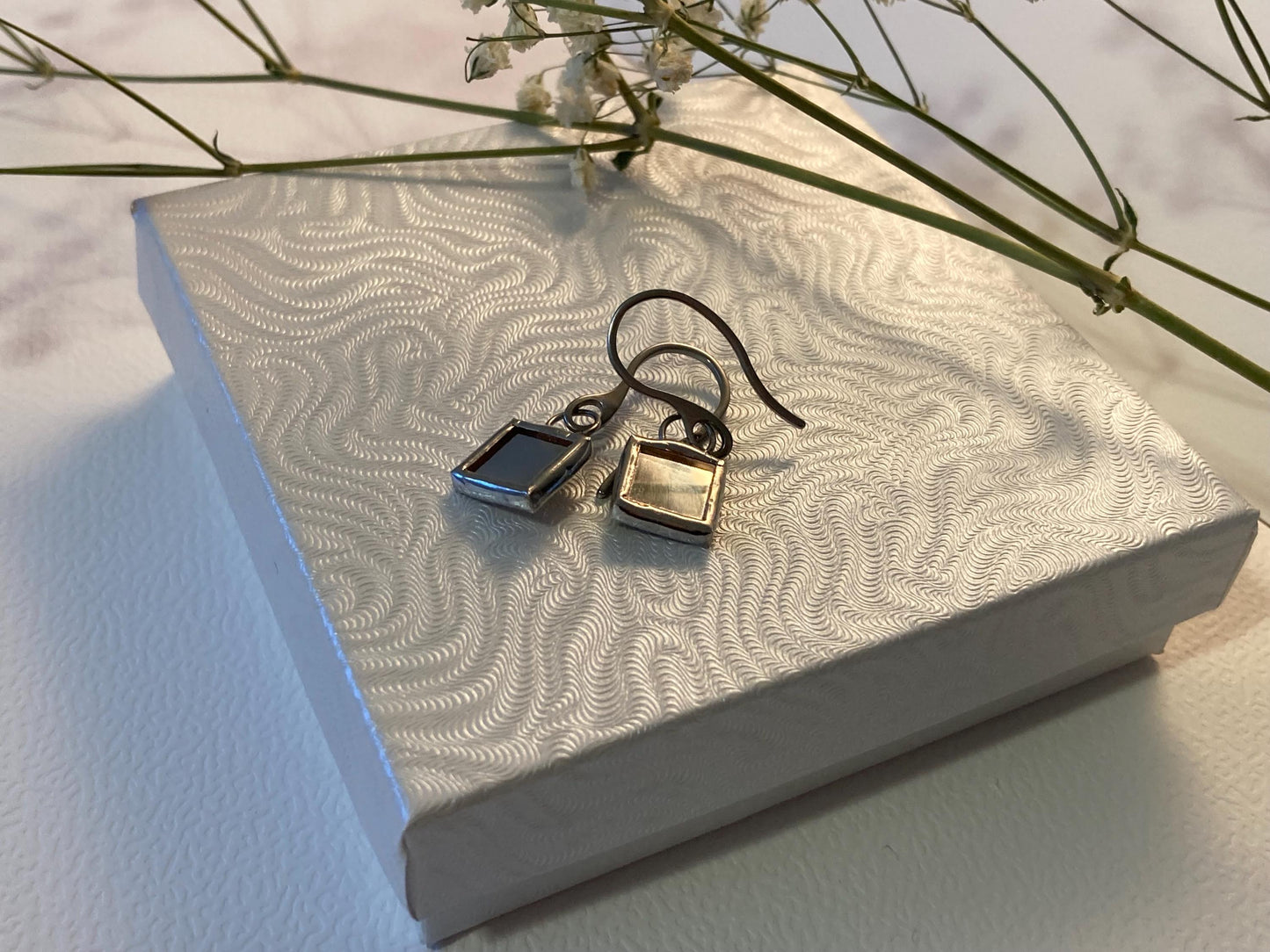 Stained Glass Earrings: Minimalist Square Mirror, Stainless Steel
