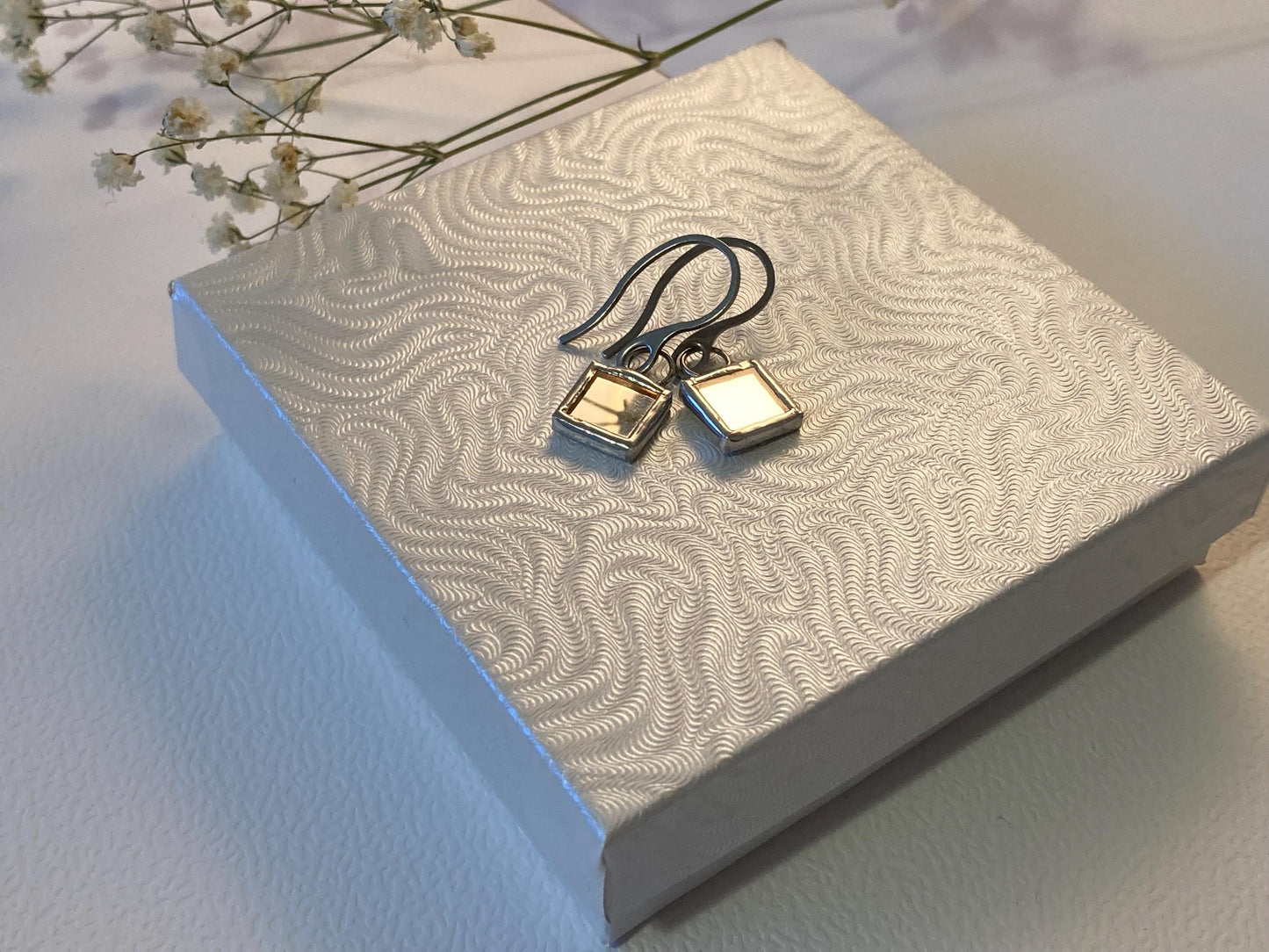Stained Glass Earrings: Minimalist Square Mirror, Stainless Steel