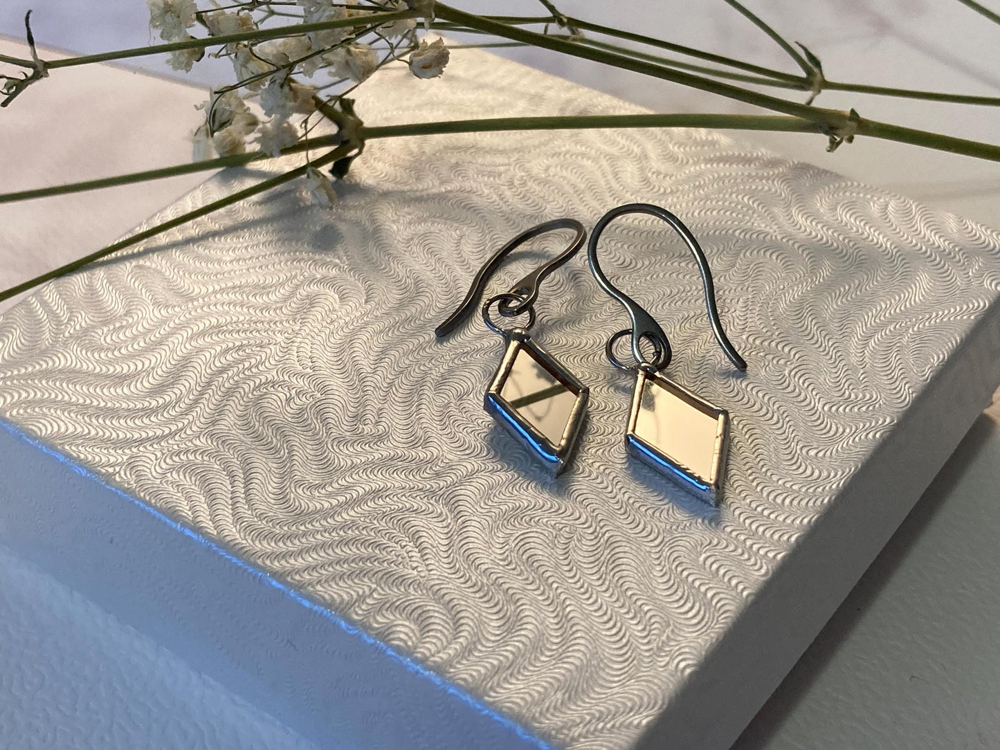 Stained glass earrings, Minimalist earrings, Tiny Rhombus gothic earrings, Mirror statement geometric stained glass design