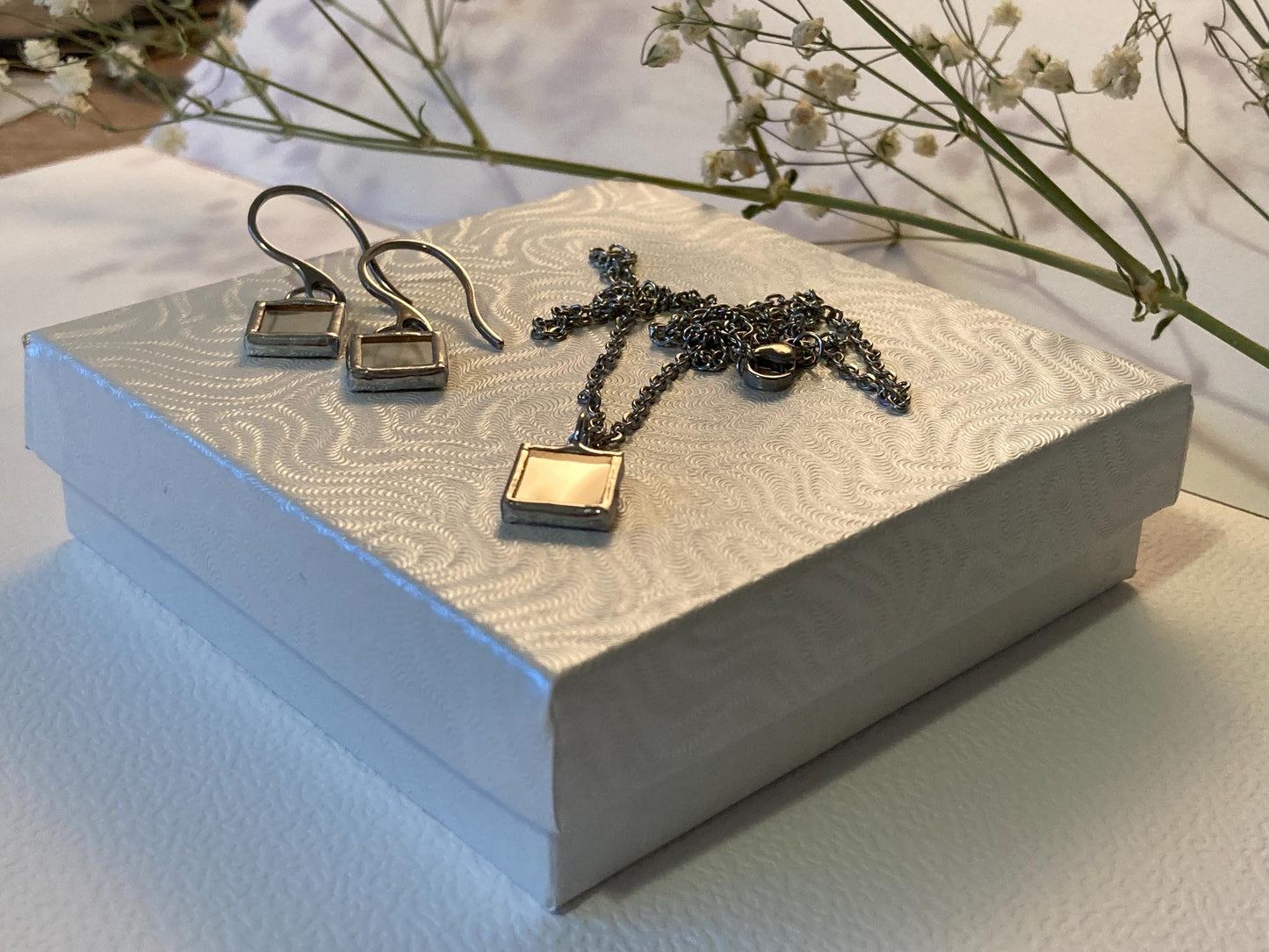 Stained Glass Earrings: Minimalist Square Mirror, Stainless Steel
