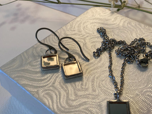 Stained Glass Earrings: Minimalist Square Mirror, Stainless Steel