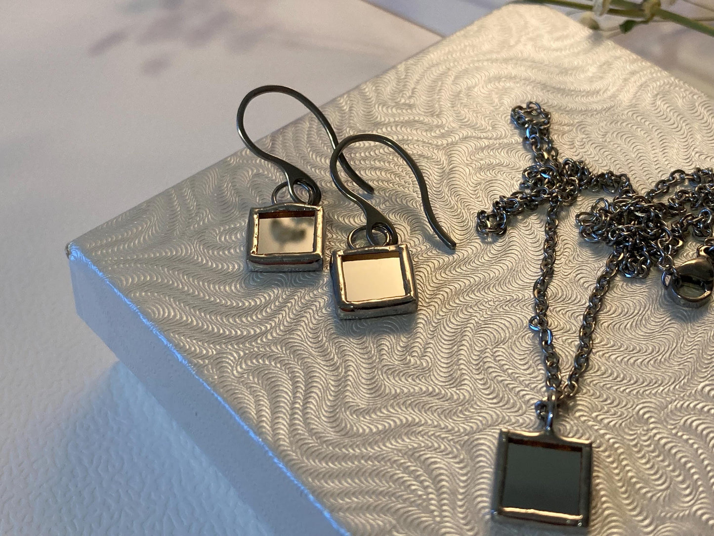 Stained Glass Earrings: Minimalist Square Mirror, Stainless Steel
