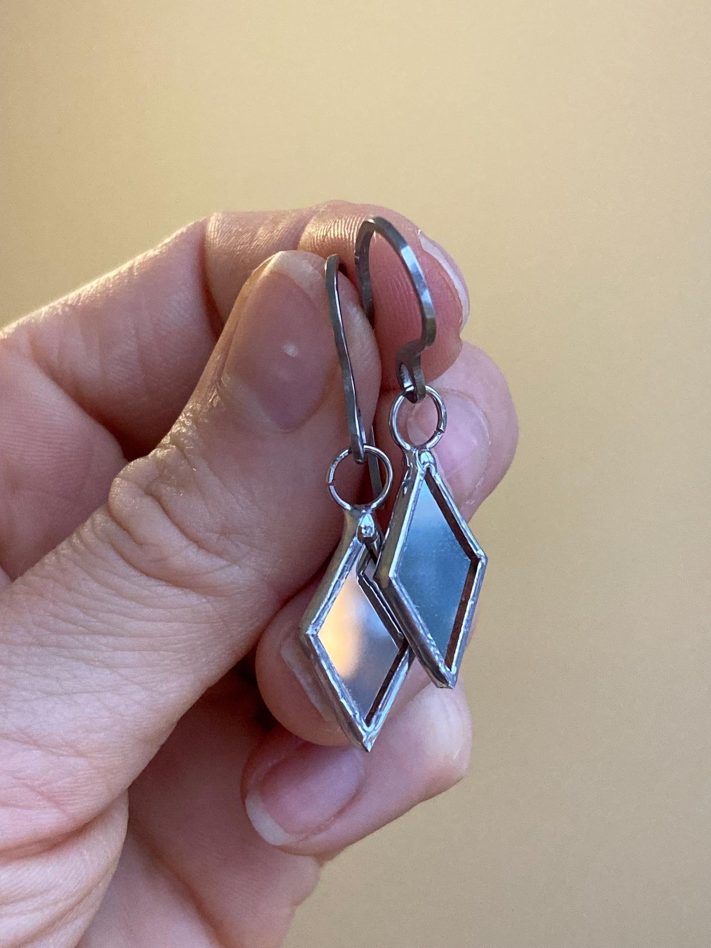 Stained glass earrings, Minimalist earrings, Tiny Rhombus gothic earrings, Mirror statement geometric stained glass design