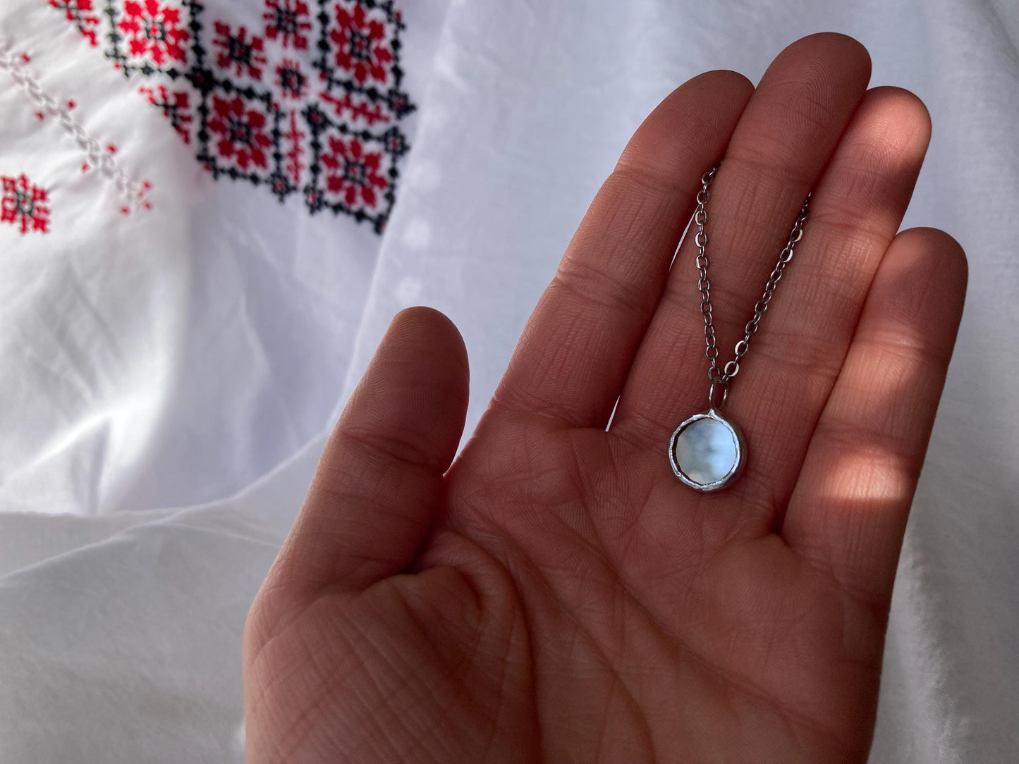 Stained Glass Mirror Necklace: Handmade Double-Sided Pendant