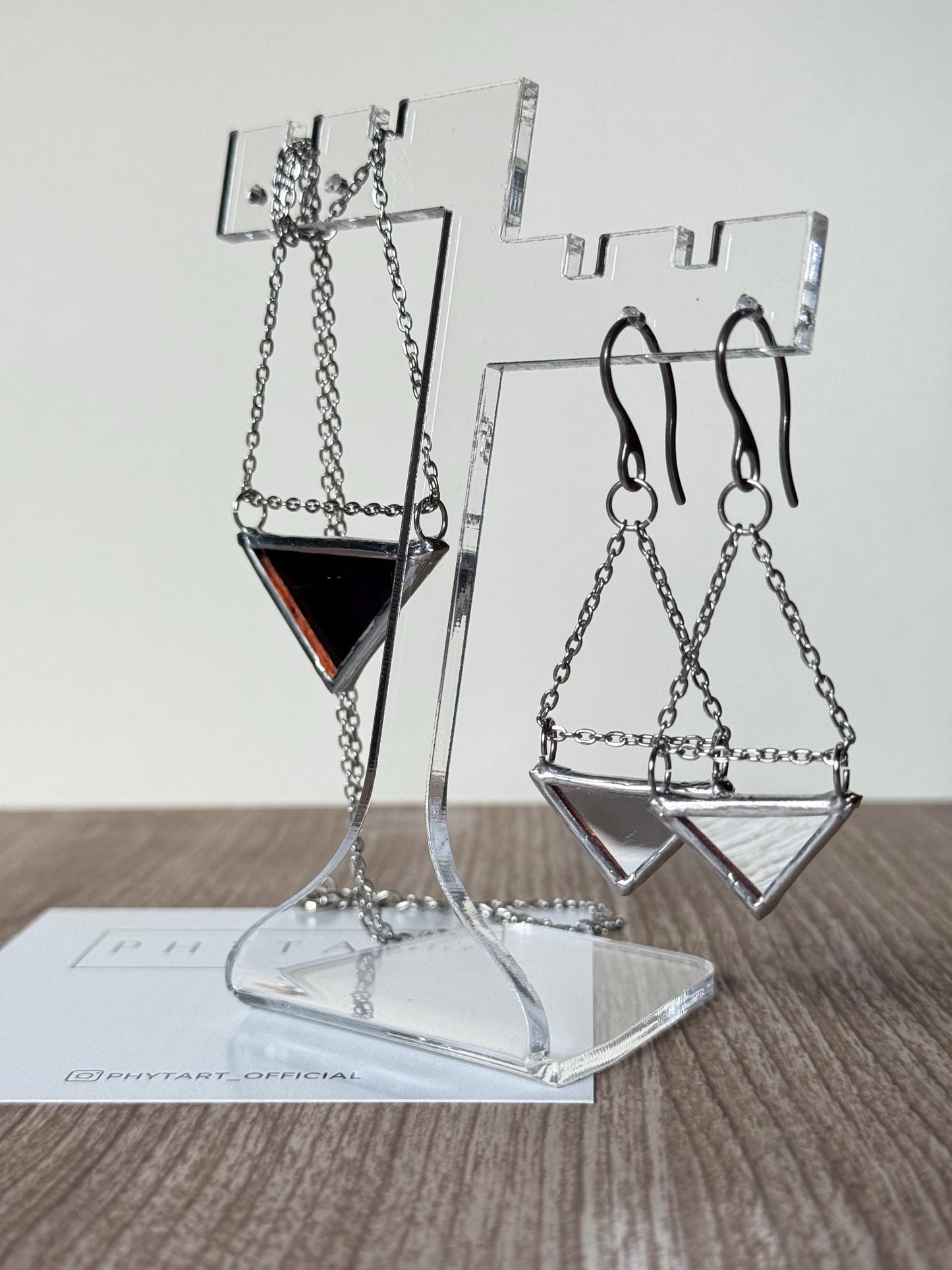 Double-Sided Mirror Triangle Earrings, Geometric Dangle Earrings on Chain, Handmade Reflective Jewelry, Stainless Steel Hooks