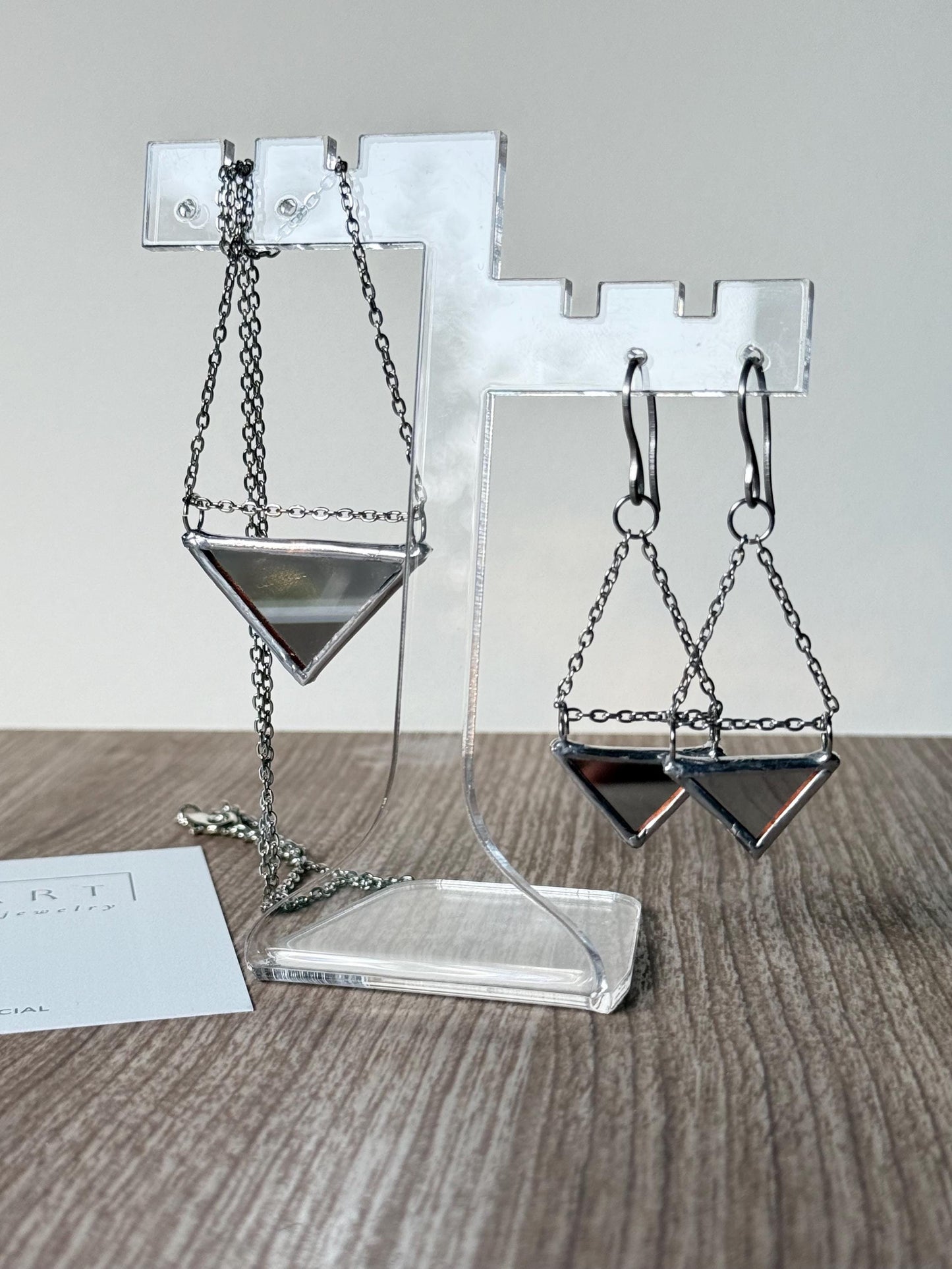 Double-Sided Mirror Triangle Earrings, Geometric Dangle Earrings on Chain, Handmade Reflective Jewelry, Stainless Steel Hooks