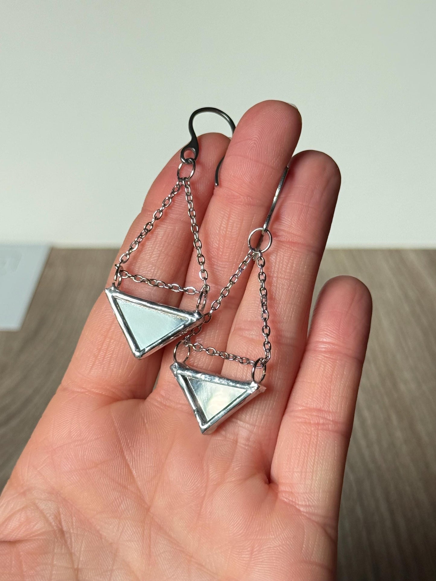 Double-Sided Mirror Triangle Earrings, Geometric Dangle Earrings on Chain, Handmade Reflective Jewelry, Stainless Steel Hooks