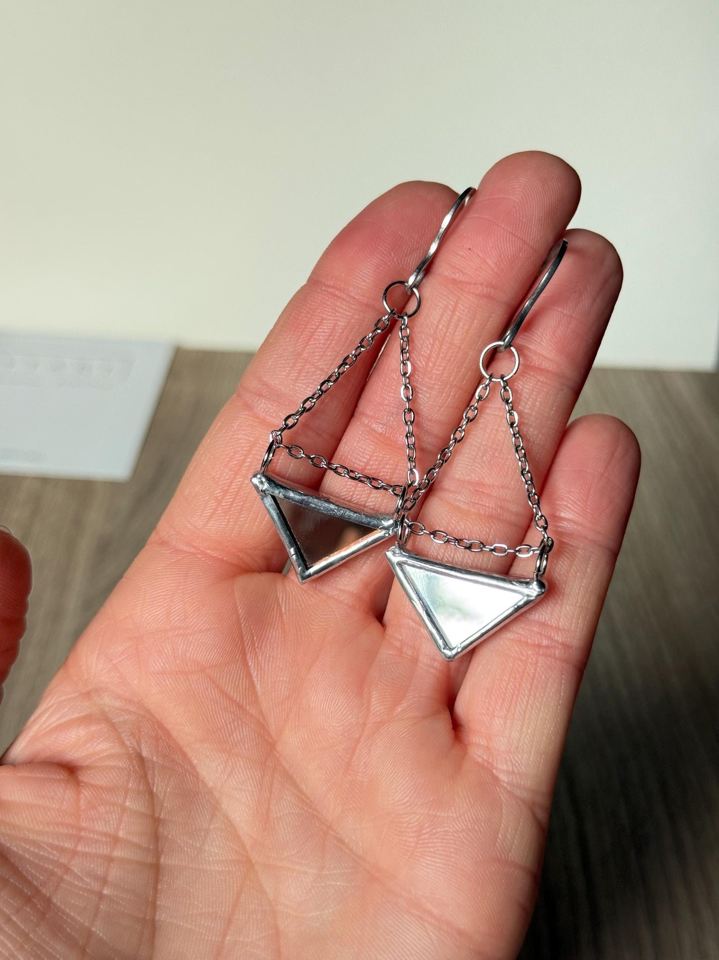 Double-Sided Mirror Triangle Earrings, Geometric Dangle Earrings on Chain, Handmade Reflective Jewelry, Stainless Steel Hooks