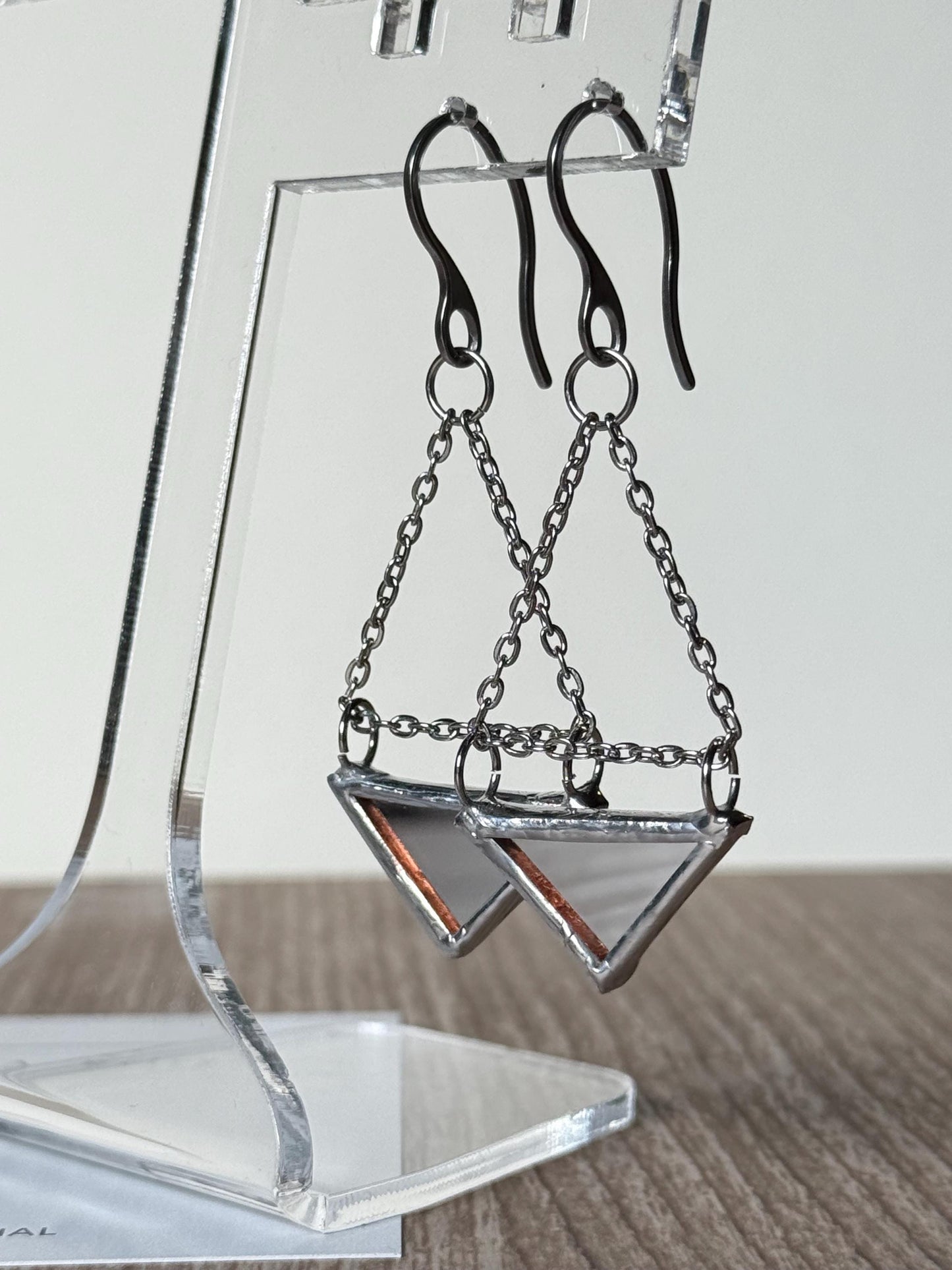 Double-Sided Mirror Triangle Earrings, Geometric Dangle Earrings on Chain, Handmade Reflective Jewelry, Stainless Steel Hooks