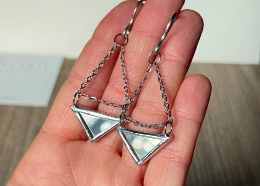 Double-Sided Mirror Triangle Earrings, Geometric Dangle Earrings on Chain, Handmade Reflective Jewelry, Stainless Steel Hooks