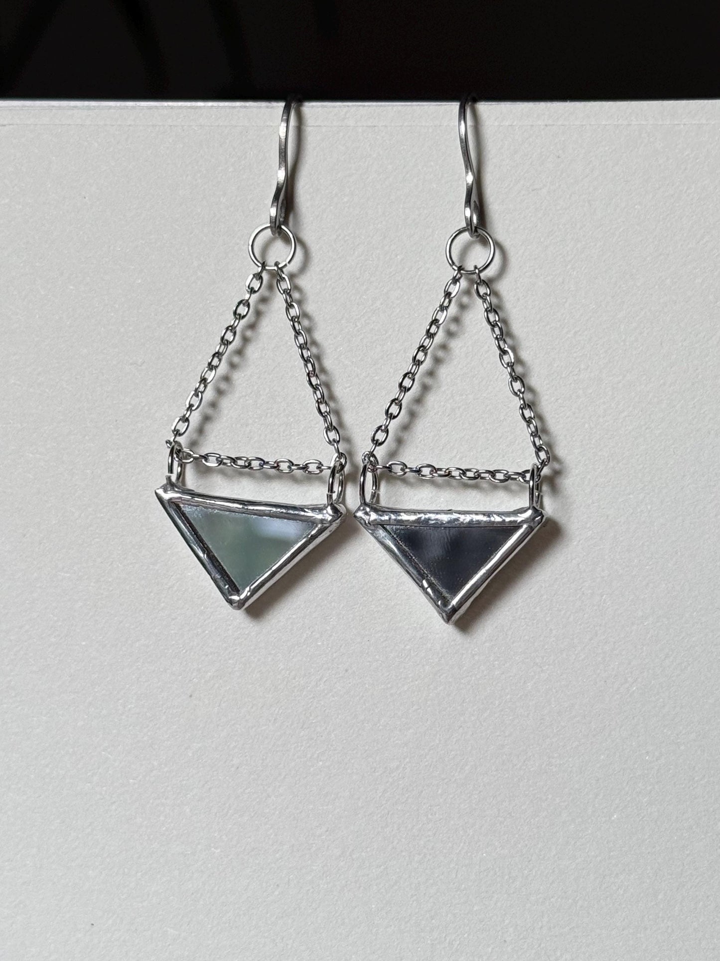 Double-Sided Mirror Triangle Earrings, Geometric Dangle Earrings on Chain, Handmade Reflective Jewelry, Stainless Steel Hooks
