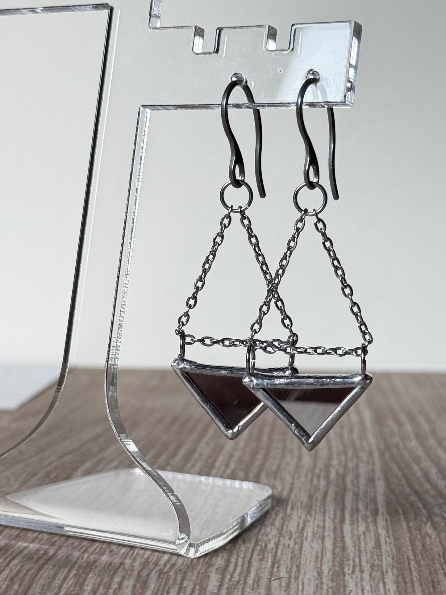 Double-Sided Mirror Triangle Earrings, Geometric Dangle Earrings on Chain, Handmade Reflective Jewelry, Stainless Steel Hooks