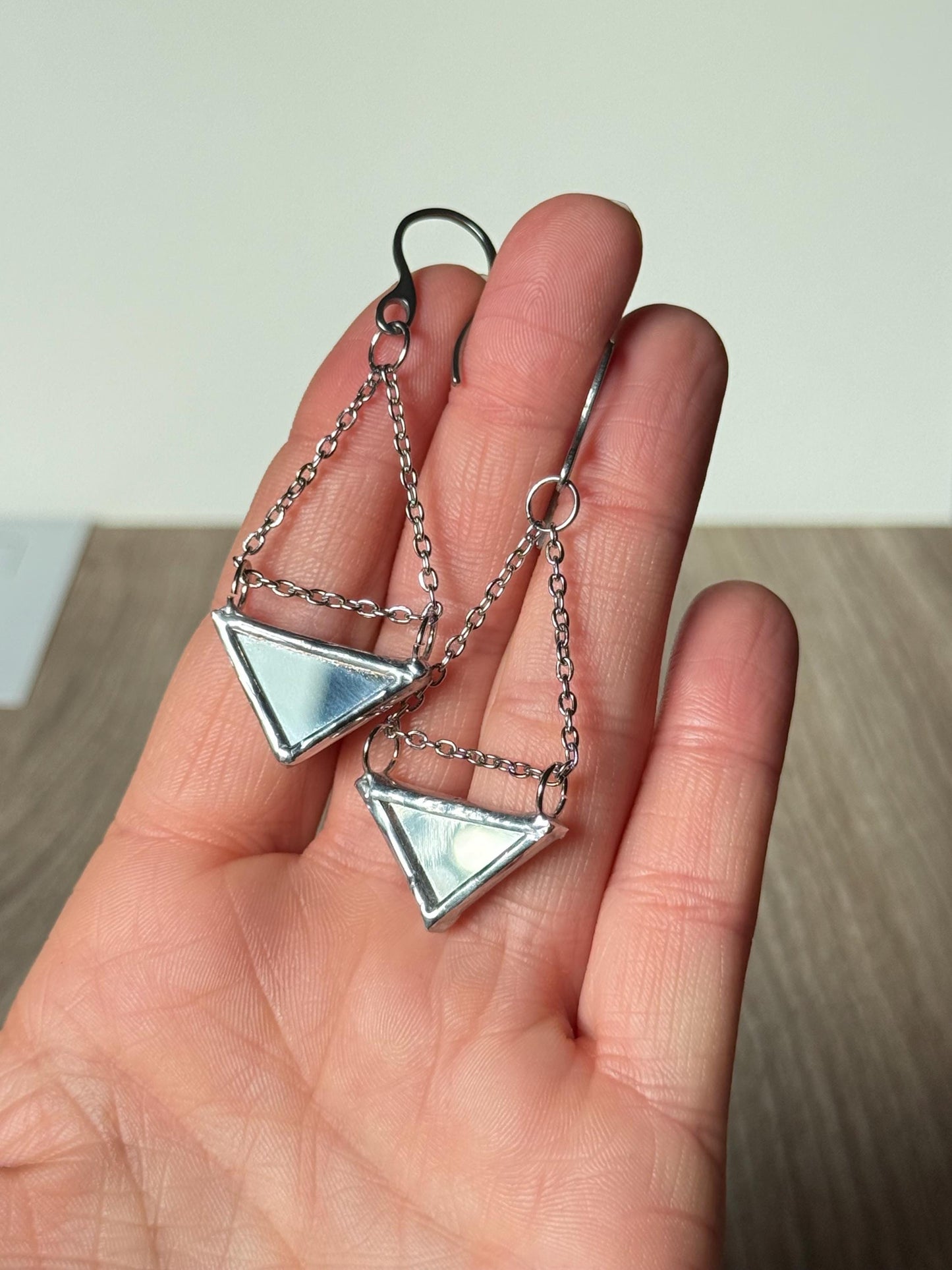 Double-Sided Mirror Triangle Earrings, Geometric Dangle Earrings on Chain, Handmade Reflective Jewelry, Stainless Steel Hooks