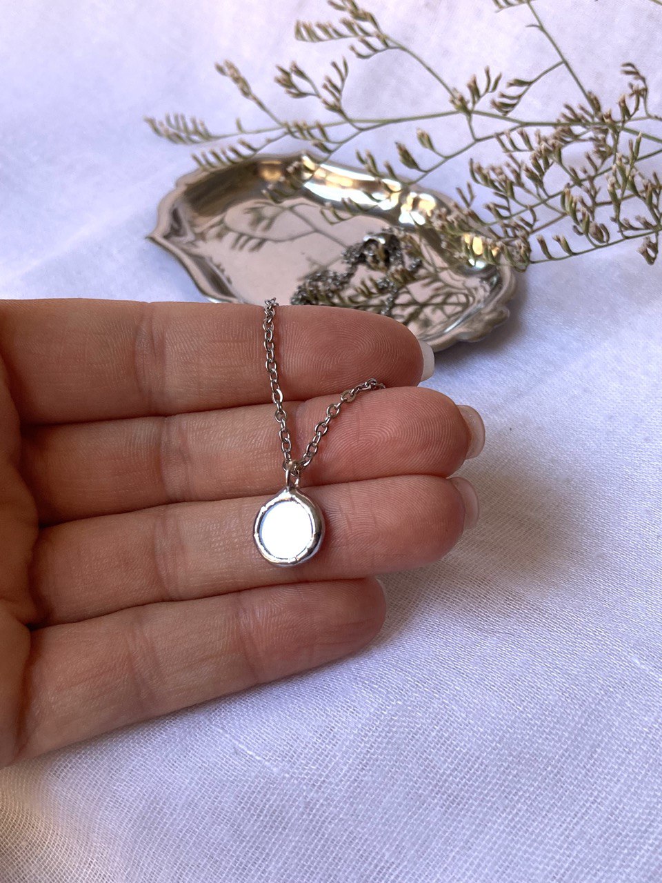 Small  Round Mirror Pendant 18 mm, Stained glass Necklace