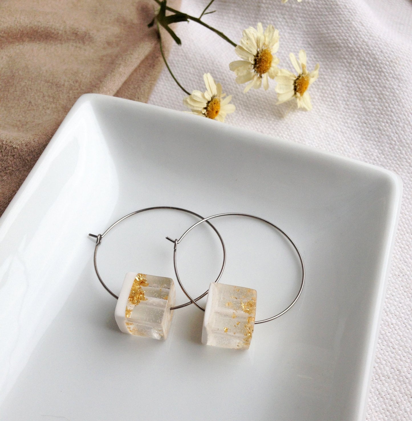 Hoop earrings with white solid cube,  Dainty Hoop Earrings, Steel Earrings, Minimalist Earrings, Mothers Day gift