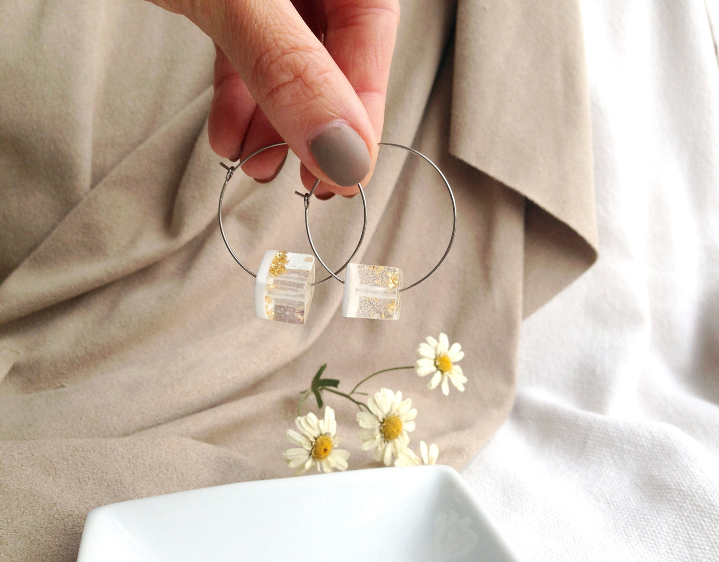 Hoop earrings with white solid cube,  Dainty Hoop Earrings, Steel Earrings, Minimalist Earrings, Mothers Day gift