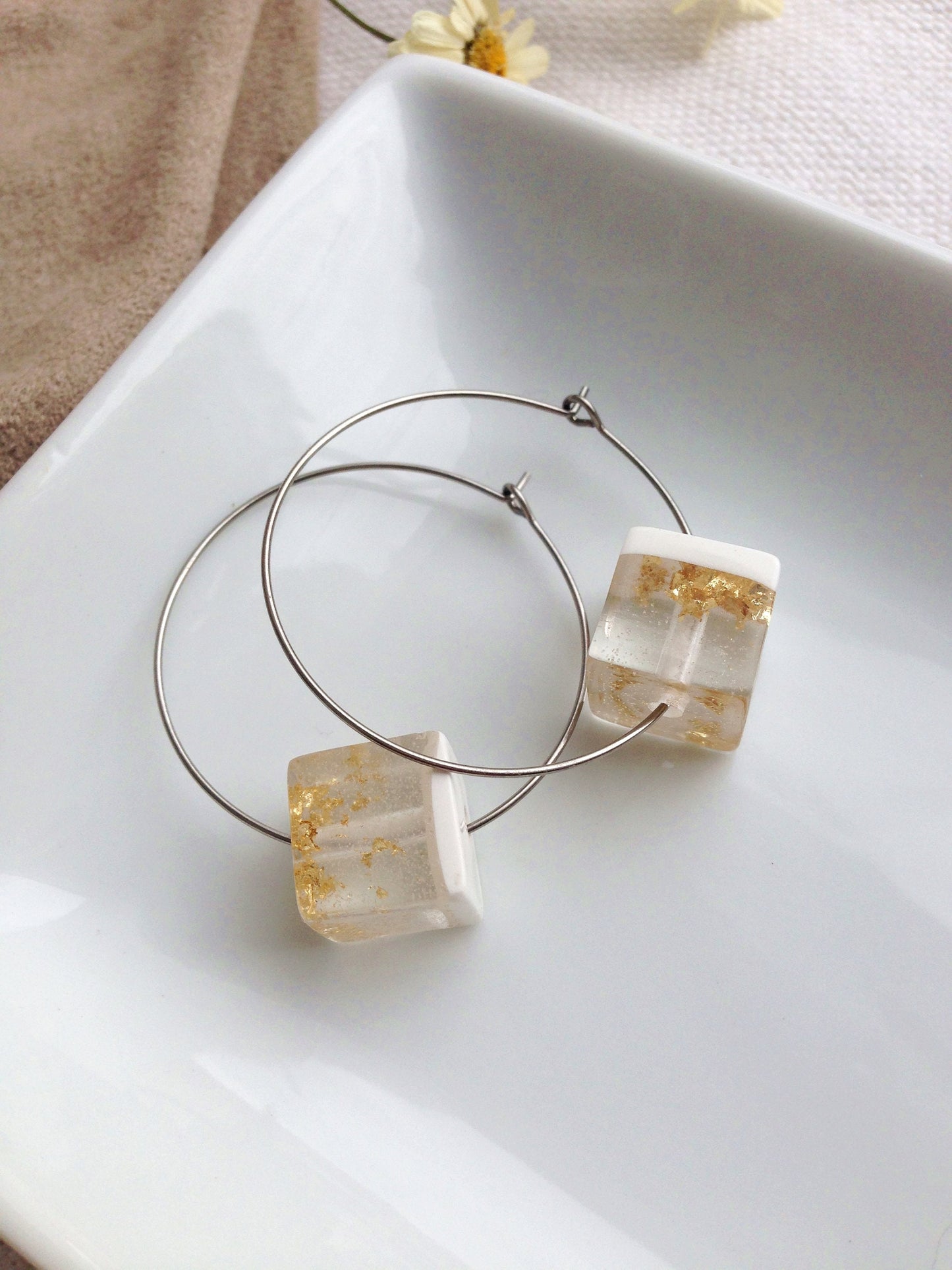 Hoop earrings with white solid cube,  Dainty Hoop Earrings, Steel Earrings, Minimalist Earrings, Mothers Day gift